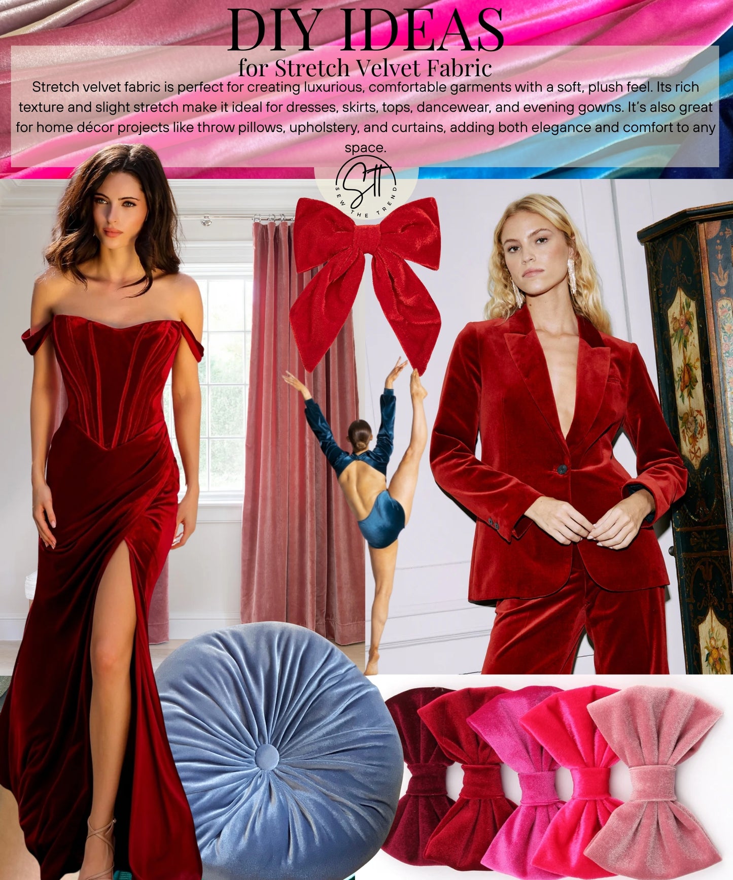 Whether you're creating apparel or sophisticated interiors, our stretch velvet fabric brings you designer-level results—without the designer price. This luxurious stretch velvet is soft, durable, and incredibly comfortable. Crafted with exceptional resilience and flexibility, it’s ideal for a wide range of apparel and decorative projects.
Woven with a 90% polyester, 10% spandex fiber blend and a premium 360 GSM, this stretch velvet delivers exceptional durability, fluid drape, and a 4-way stretch—making it