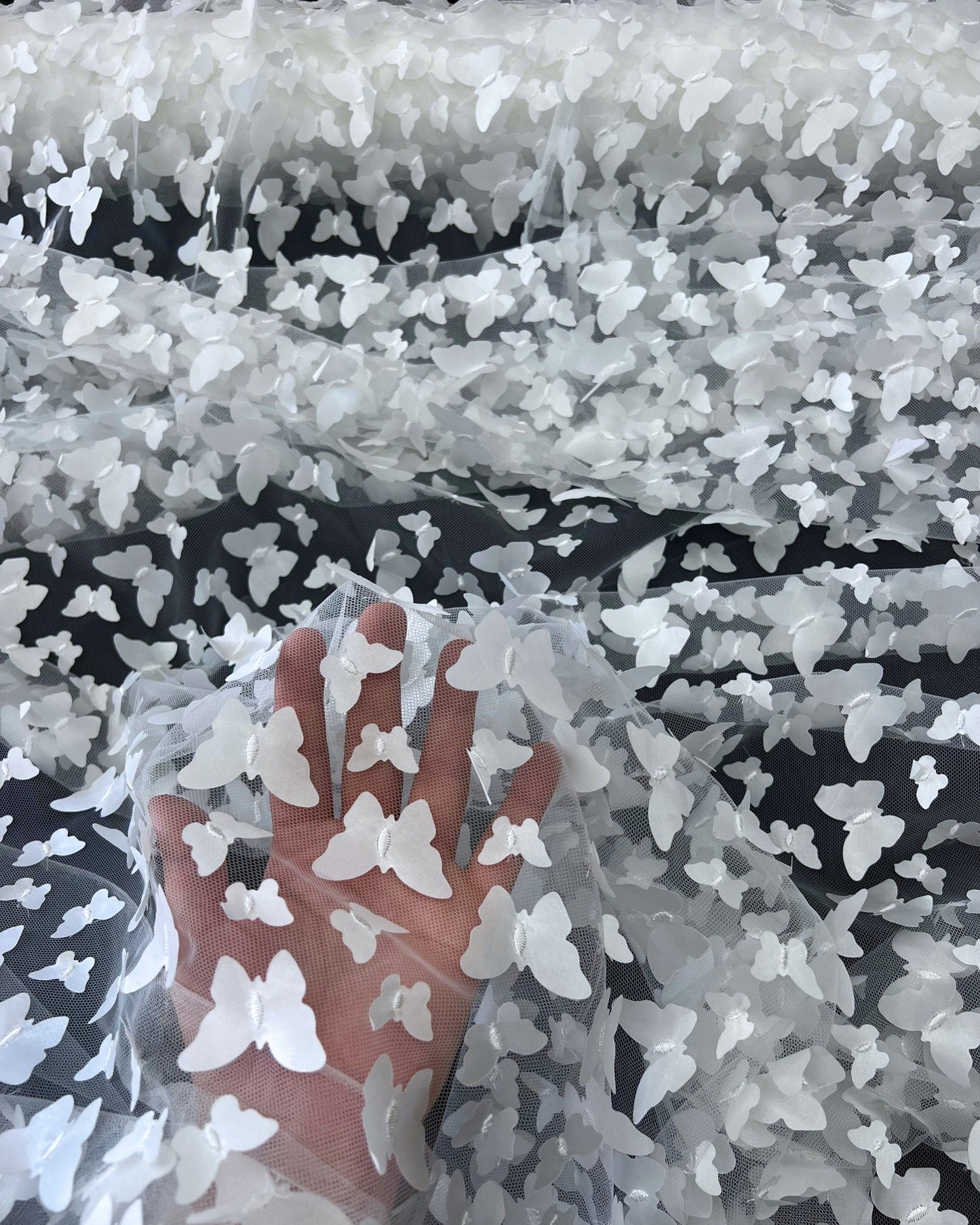 White 3D Butterfly Embroidery Tulle