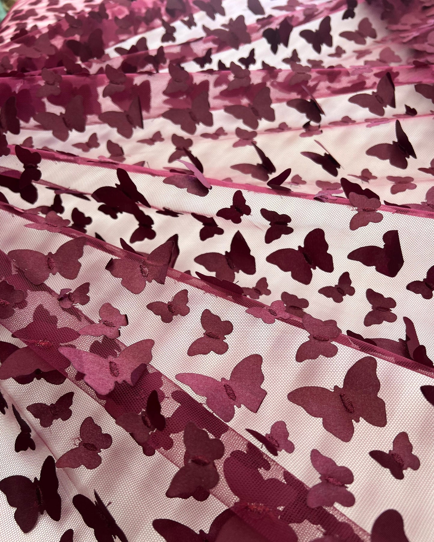 Burgundy 3D Butterfly Embroidery Tulle