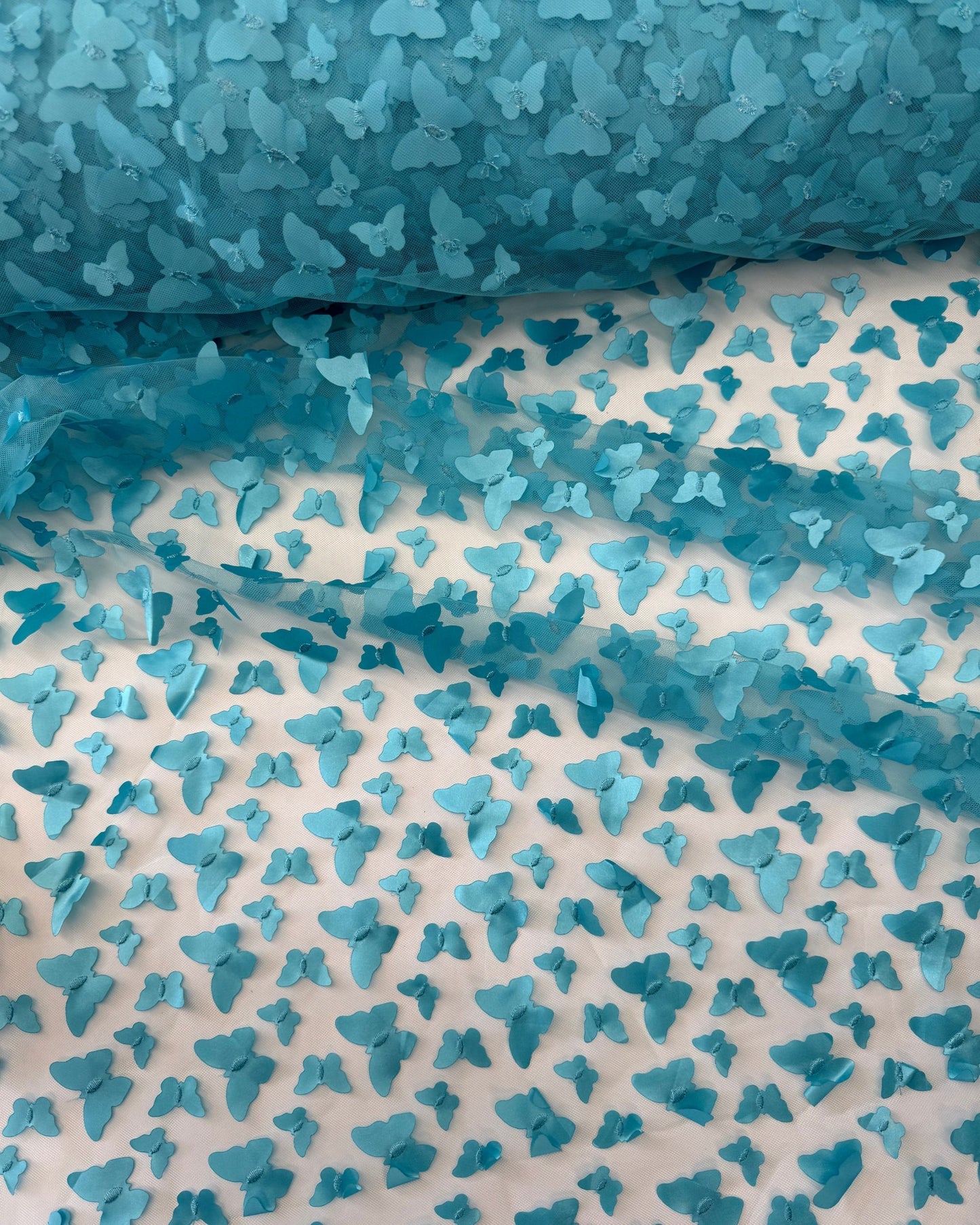 Turquoise 3D Butterfly Embroidery Tulle