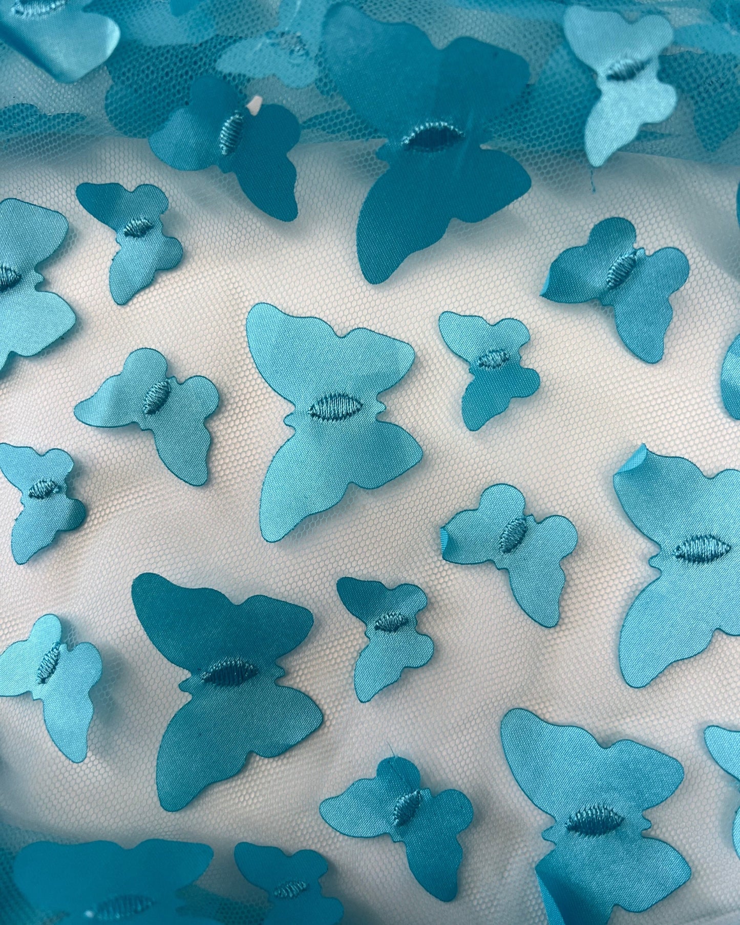 Turquoise 3D Butterfly Embroidery Tulle