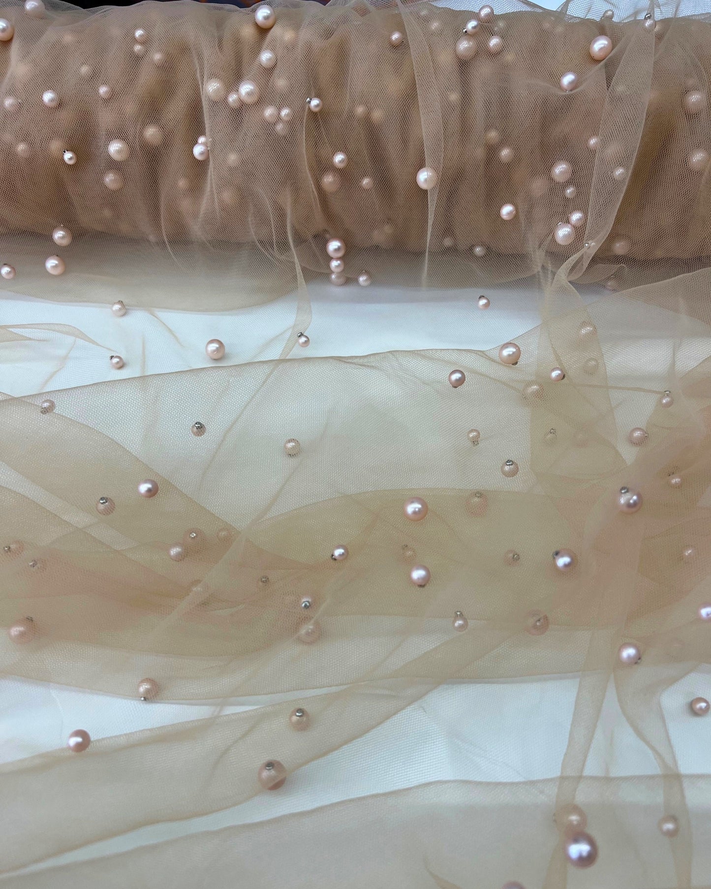 Champagne Pearl Tulle Fabric, Scattered Pearls Studded Mesh, Pink Tulle Lace Fabric with Pearls, 2-Way Stretch Pearl Beaded Tulle