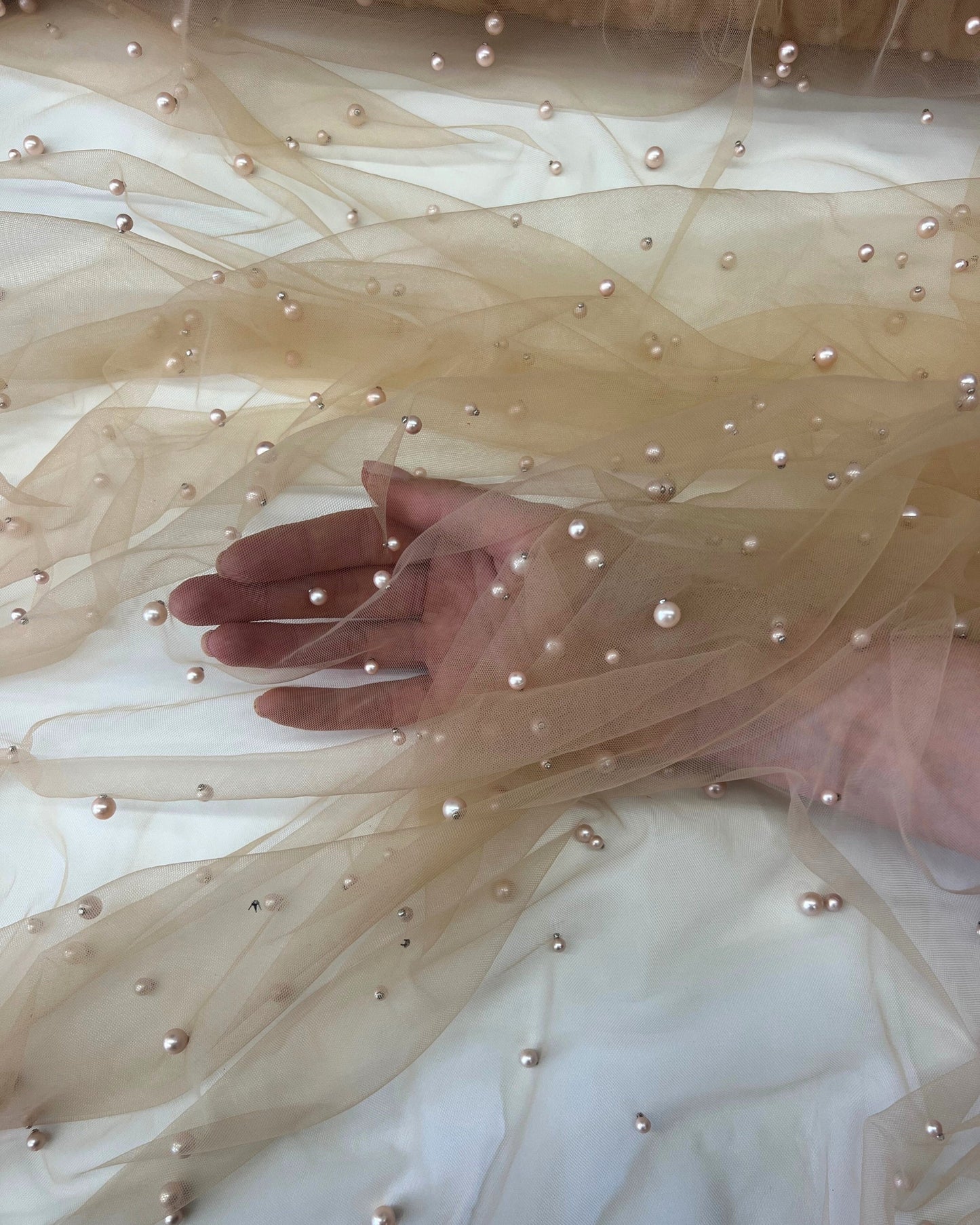 Champagne Pearl Tulle Fabric, Scattered Pearls Studded Mesh, Pink Tulle Lace Fabric with Pearls, 2-Way Stretch Pearl Beaded Tulle