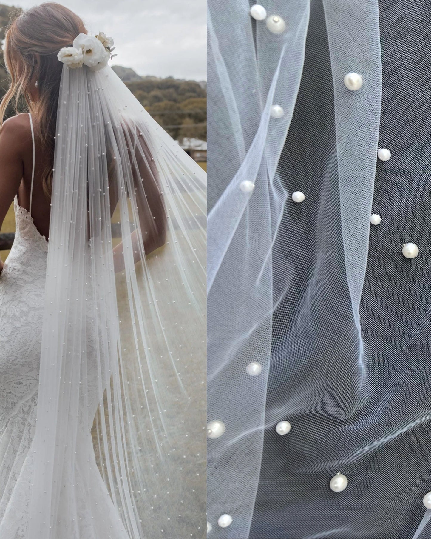 White Pearl Tulle Fabric, Scattered Pearls Studded Mesh, White Tulle Fabric with Pearls, 2-Way Stretch Pearl Beaded Tulle for Veils