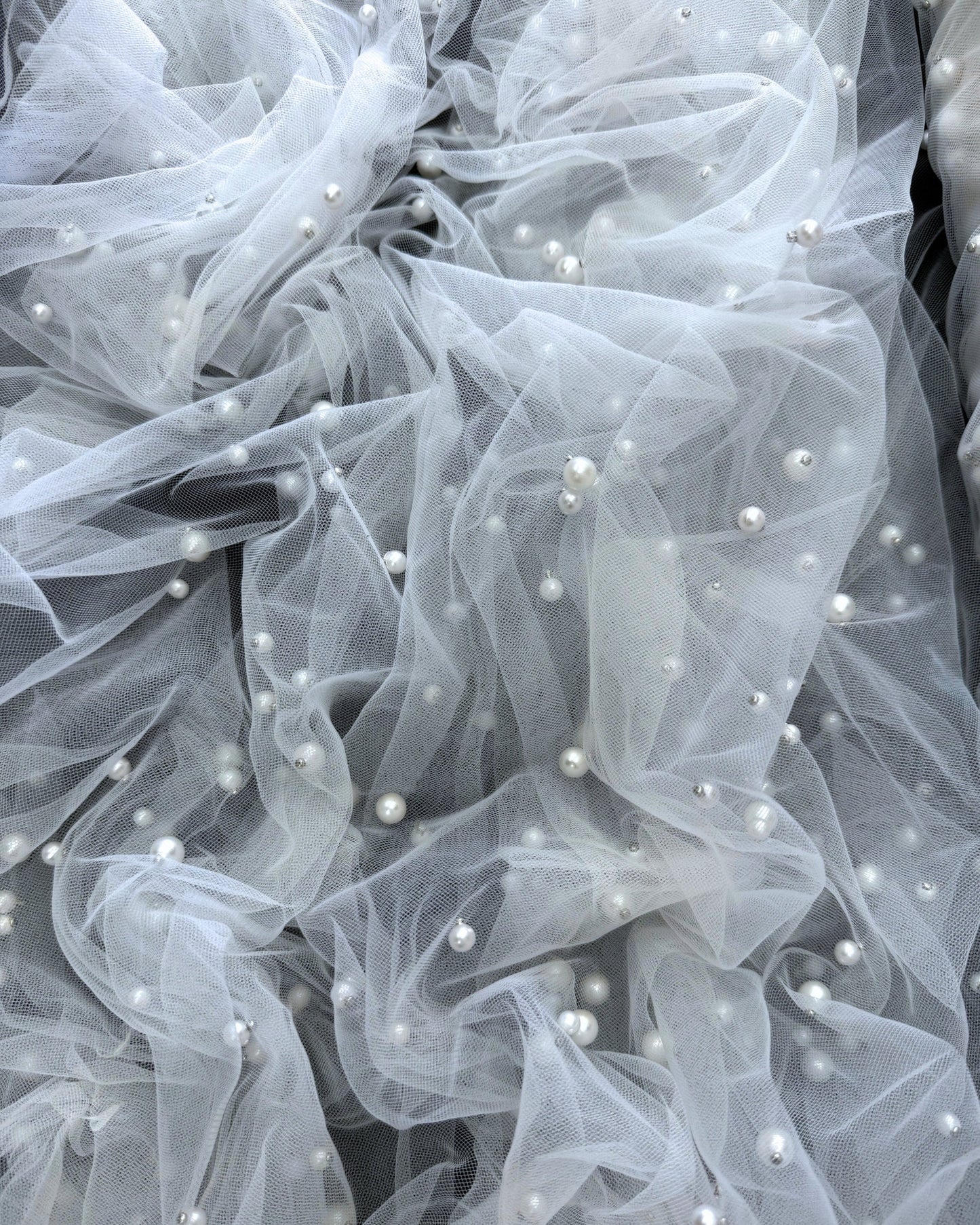 White Pearl Tulle Fabric, Scattered Pearls Studded Mesh, Pink Tulle Lace Fabric with Pearls, 2-Way Stretch Pearl Beaded Tulle