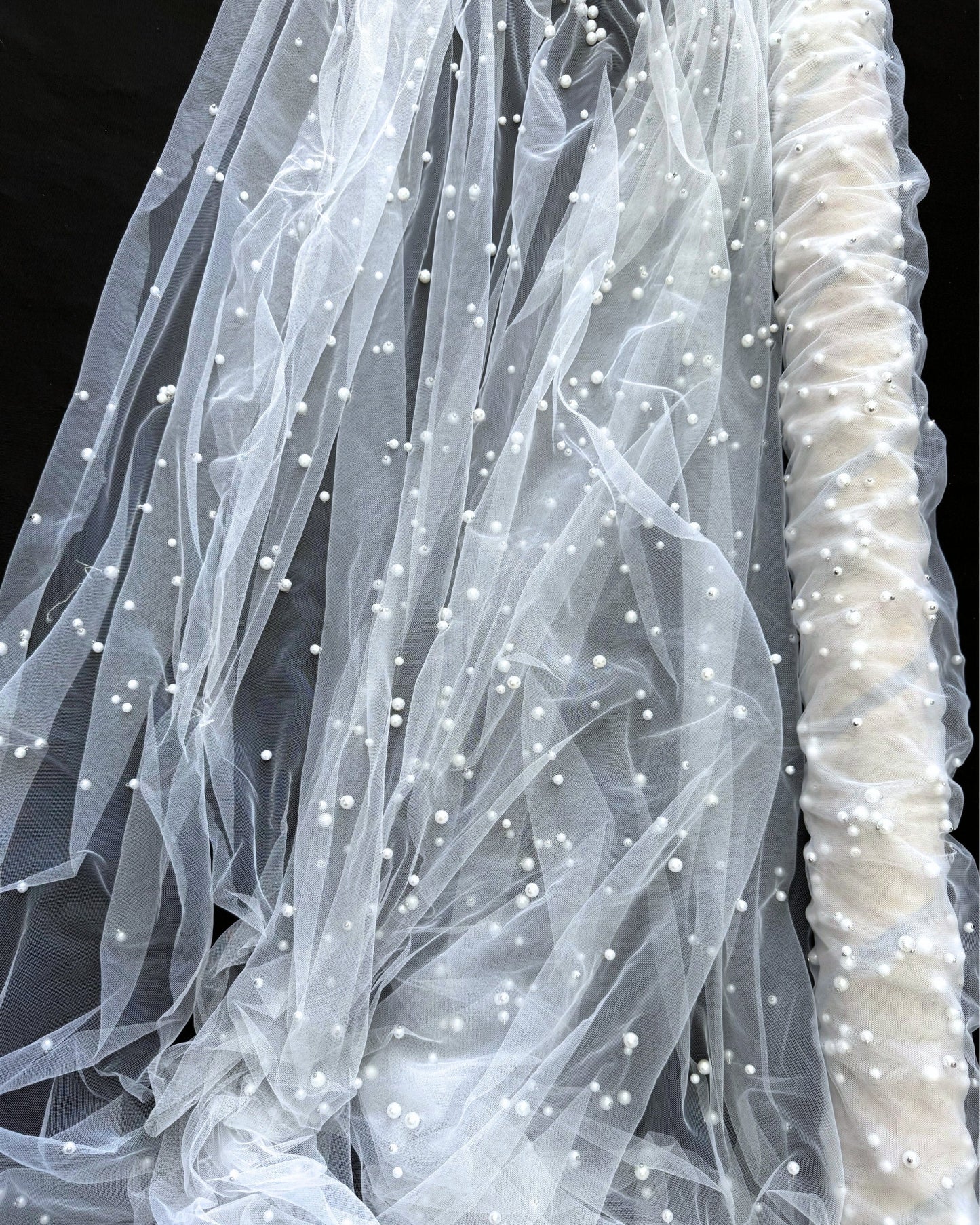 White Pearl Tulle Fabric, Scattered Pearls Studded Mesh, Pink Tulle Lace Fabric with Pearls, 2-Way Stretch Pearl Beaded Tulle