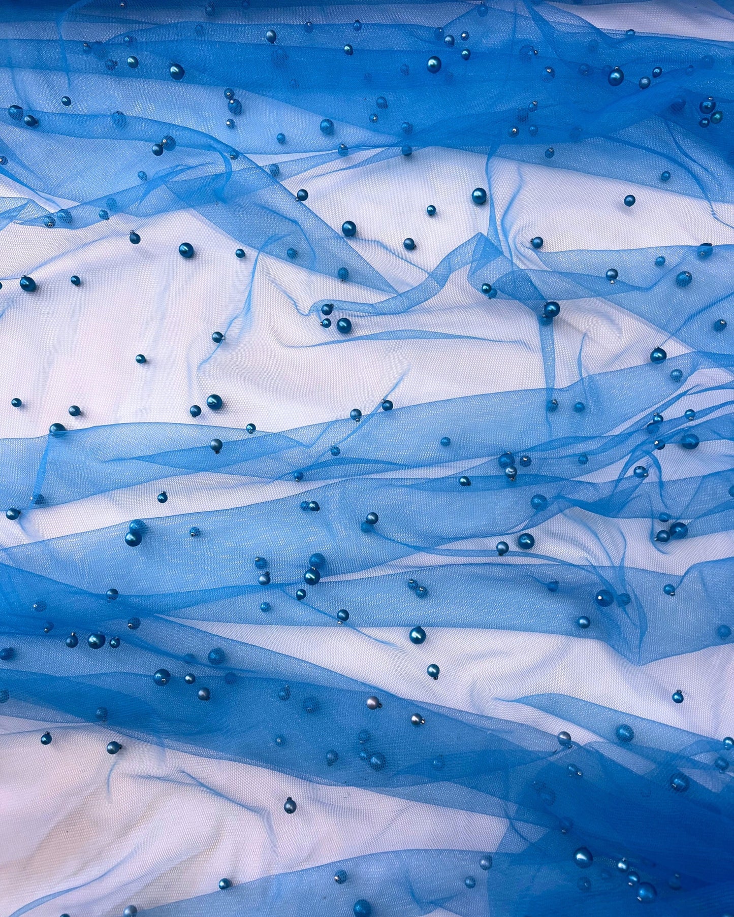 Blue Pearl Tulle Fabric, Scattered Pearls Studded Mesh, Pink Tulle Lace Fabric with Pearls, 2-Way Stretch Pearl Beaded Tulle
