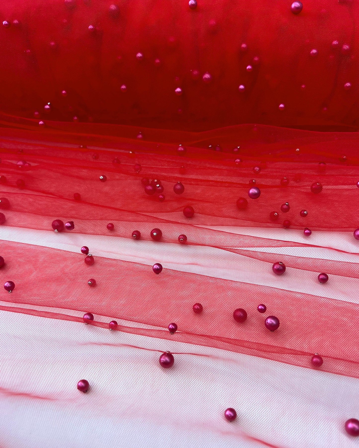 Red Pearl Tulle Fabric, Scattered Pearls Studded Mesh, Pink Tulle Lace Fabric with Pearls, 2-Way Stretch Pearl Beaded Tulle