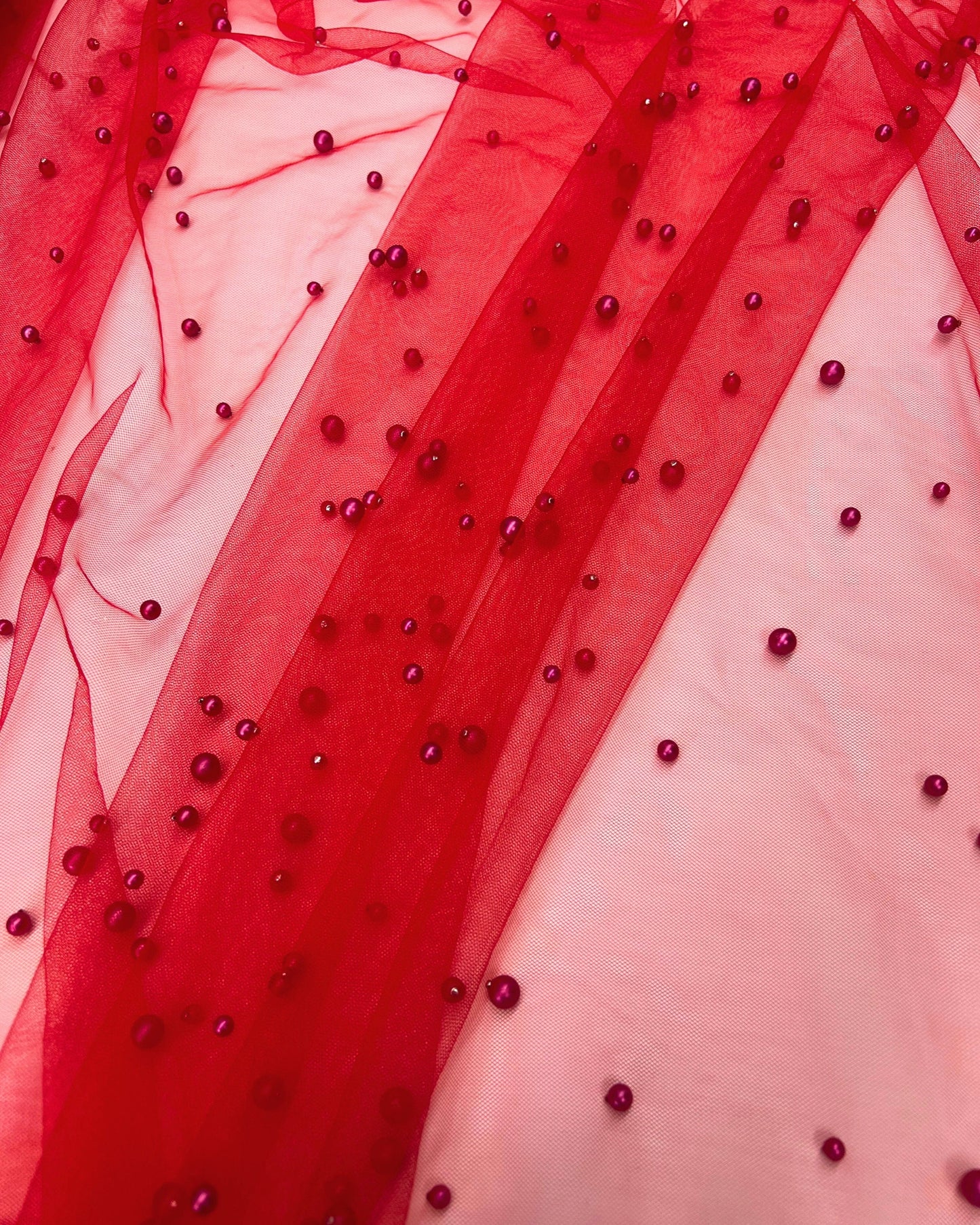 Red Pearl Tulle Fabric, Scattered Pearls Studded Mesh, Pink Tulle Lace Fabric with Pearls, 2-Way Stretch Pearl Beaded Tulle