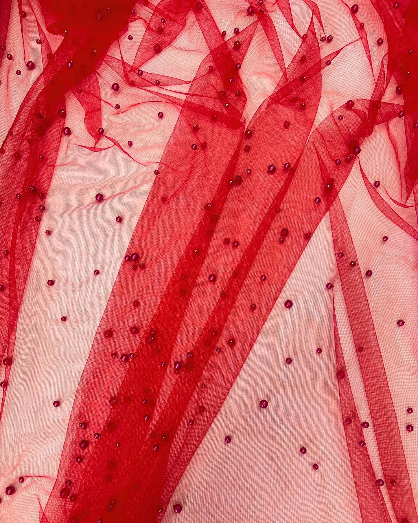 Red Pearl Tulle Fabric, Scattered Pearls Studded Mesh, Pink Tulle Lace Fabric with Pearls, 2-Way Stretch Pearl Beaded Tulle