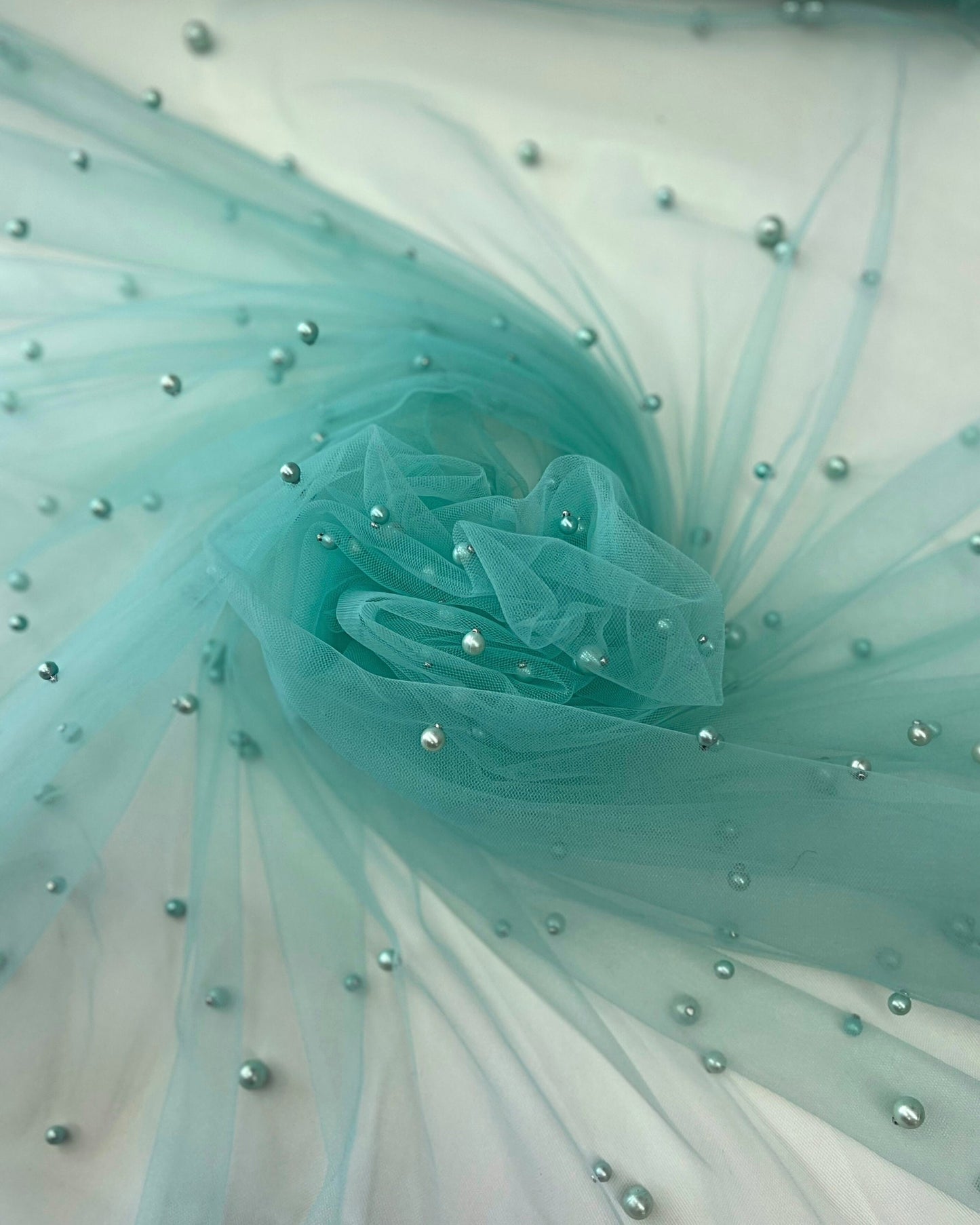 Mint Pearl Tulle Fabric, Scattered Pearls Studded Mesh, Pink Tulle Lace Fabric with Pearls, 2-Way Stretch Pearl Beaded Tulle