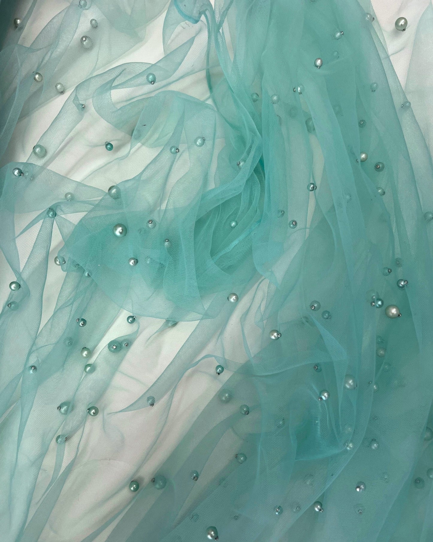 Mint Pearl Tulle Fabric, Scattered Pearls Studded Mesh, Pink Tulle Lace Fabric with Pearls, 2-Way Stretch Pearl Beaded Tulle