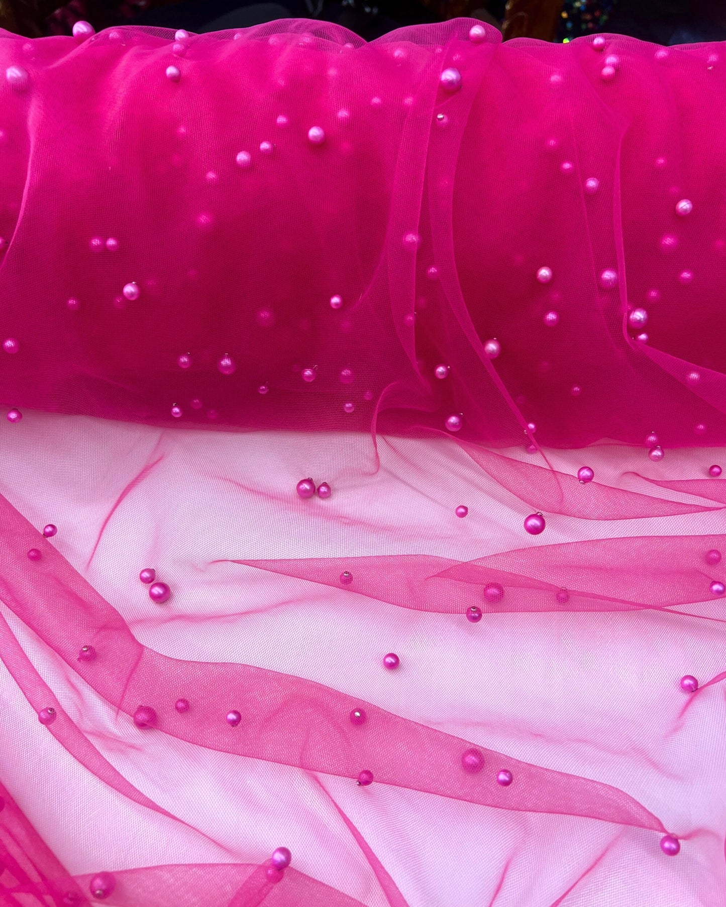 Hot Pink Pearl Tulle Fabric, Scattered Pearls Studded Mesh, Pink Tulle Lace Fabric with Pearls, 2-Way Stretch Pearl Beaded Tulle