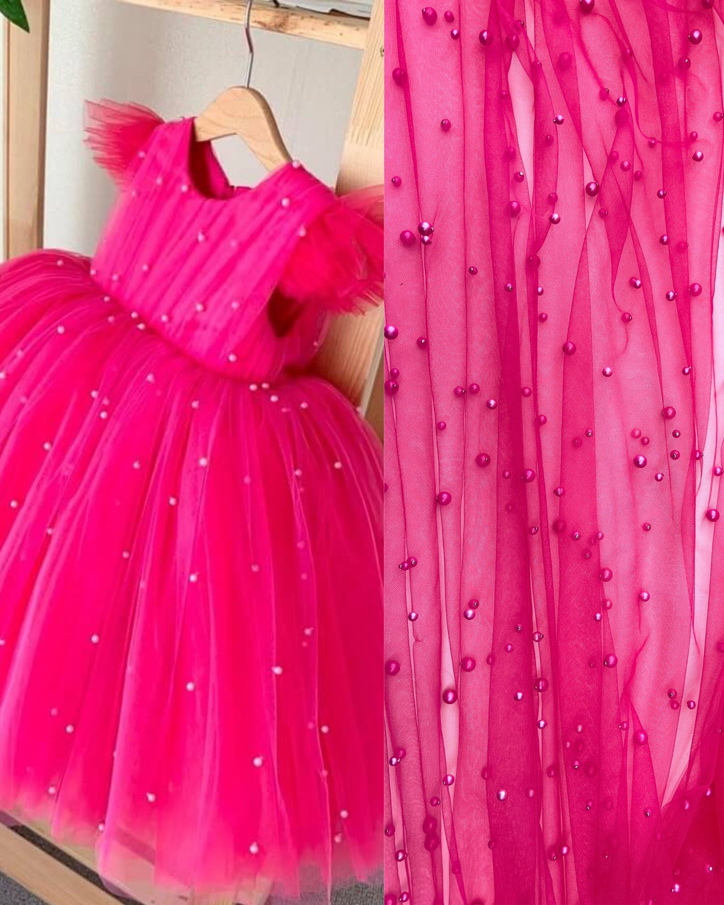 Hot Pink Pearl Tulle Fabric, Scattered Pearls Studded Mesh, Pink Tulle Lace Fabric with Pearls, 2-Way Stretch Pearl Beaded Tulle