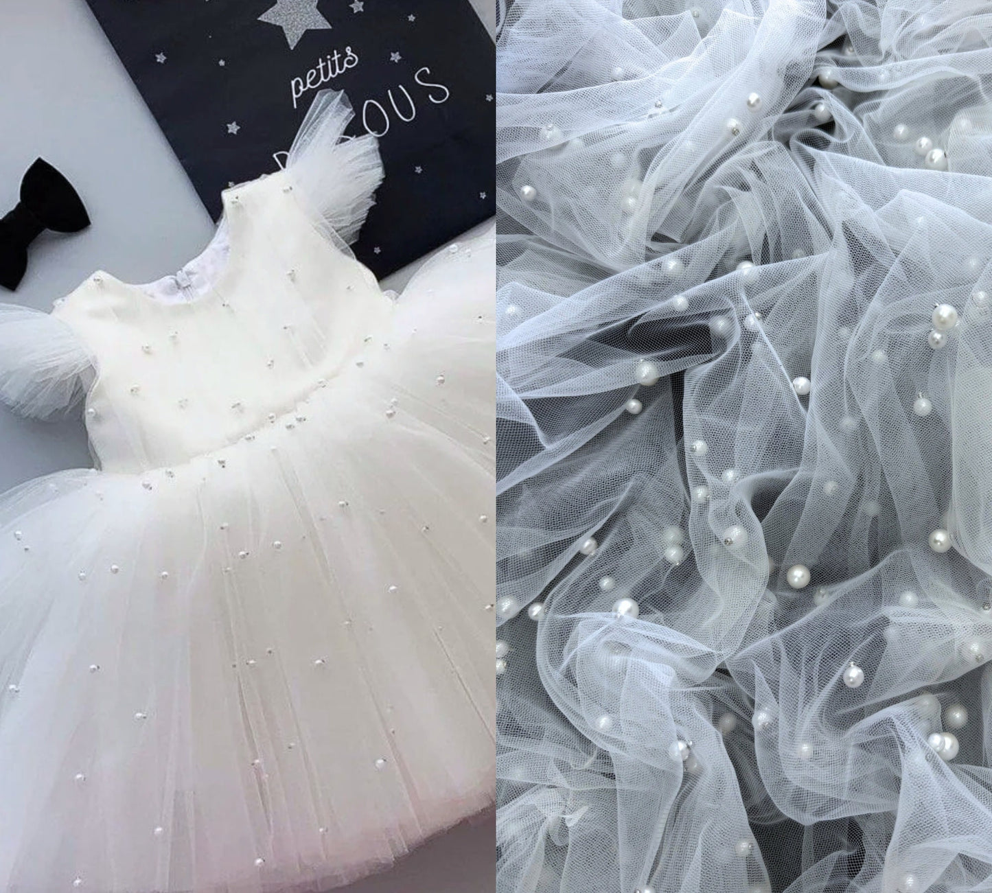 White Pearl Tulle Fabric, Scattered Pearls Studded Mesh, Pink Tulle Lace Fabric with Pearls, 2-Way Stretch Pearl Beaded Tulle