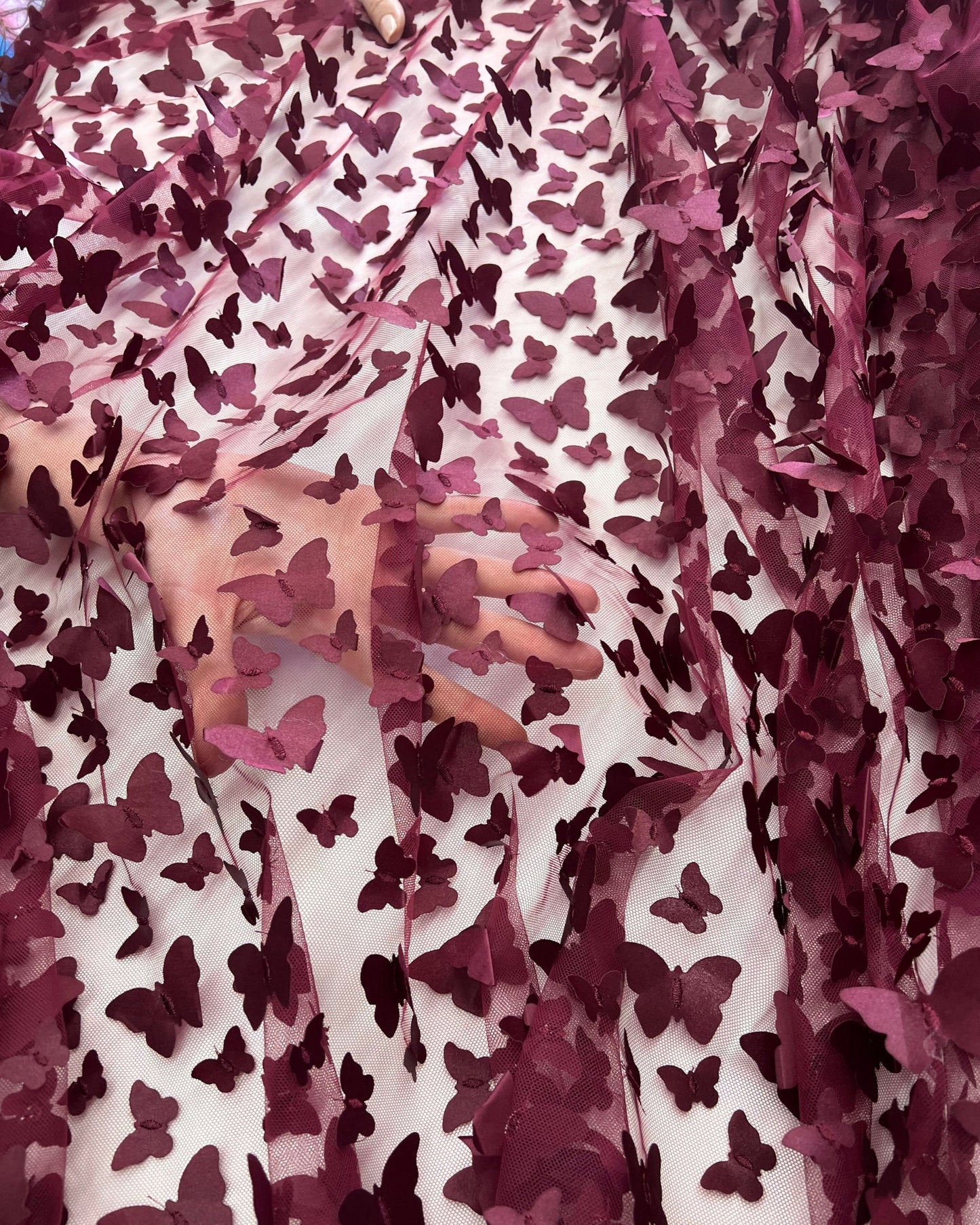 Burgundy 3D Butterfly Embroidery Tulle