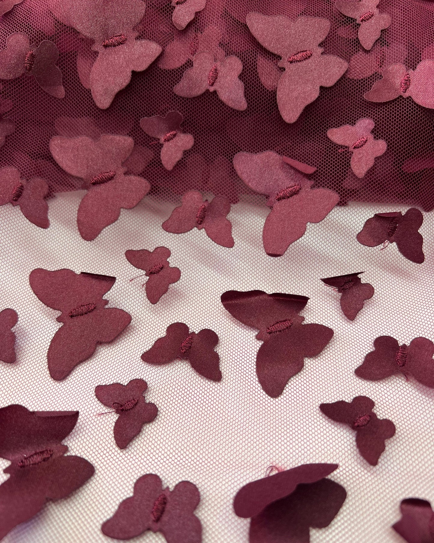 Burgundy 3D Butterfly Embroidery Tulle