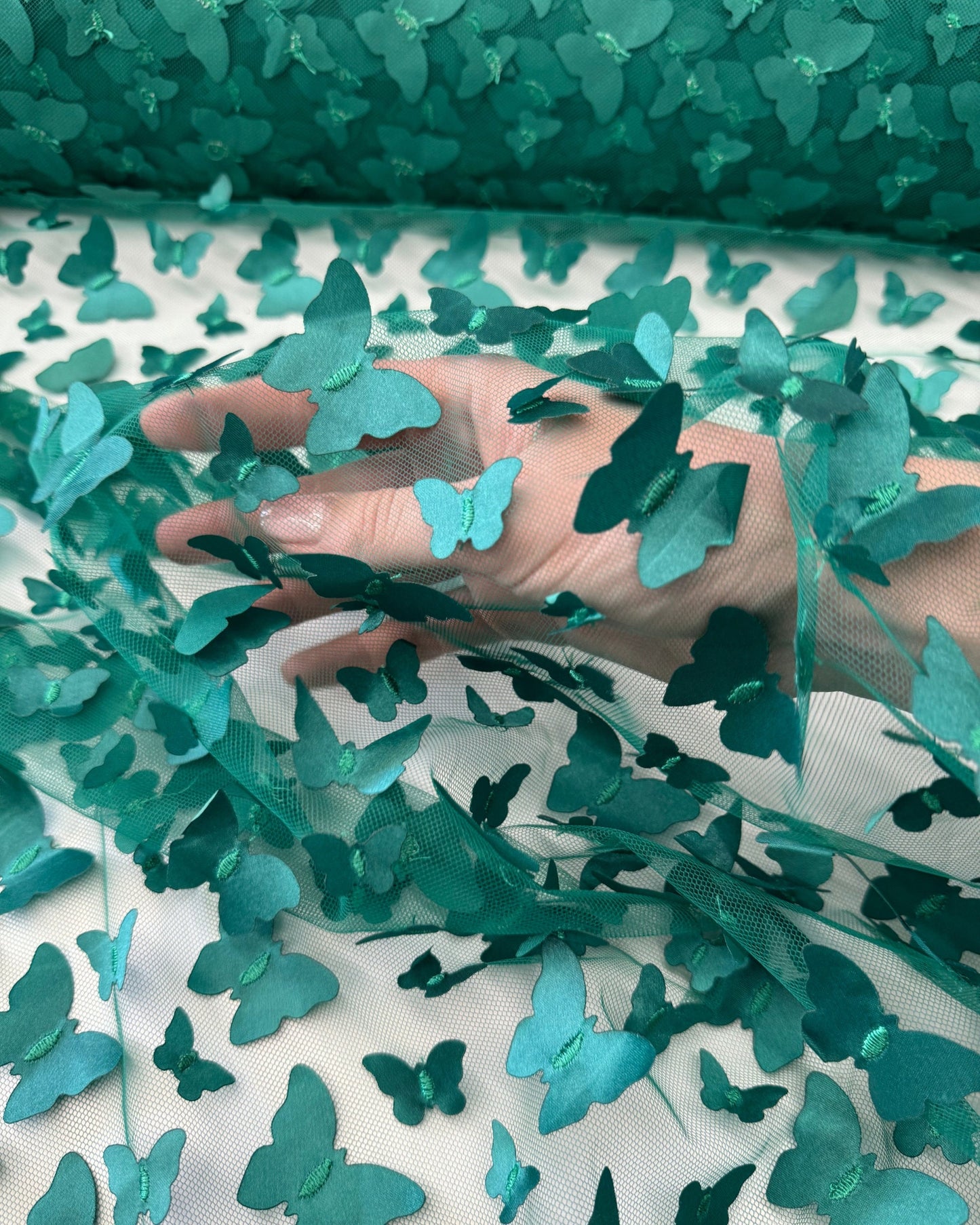 Emerald Green 3D Butterfly Embroidery Tulle