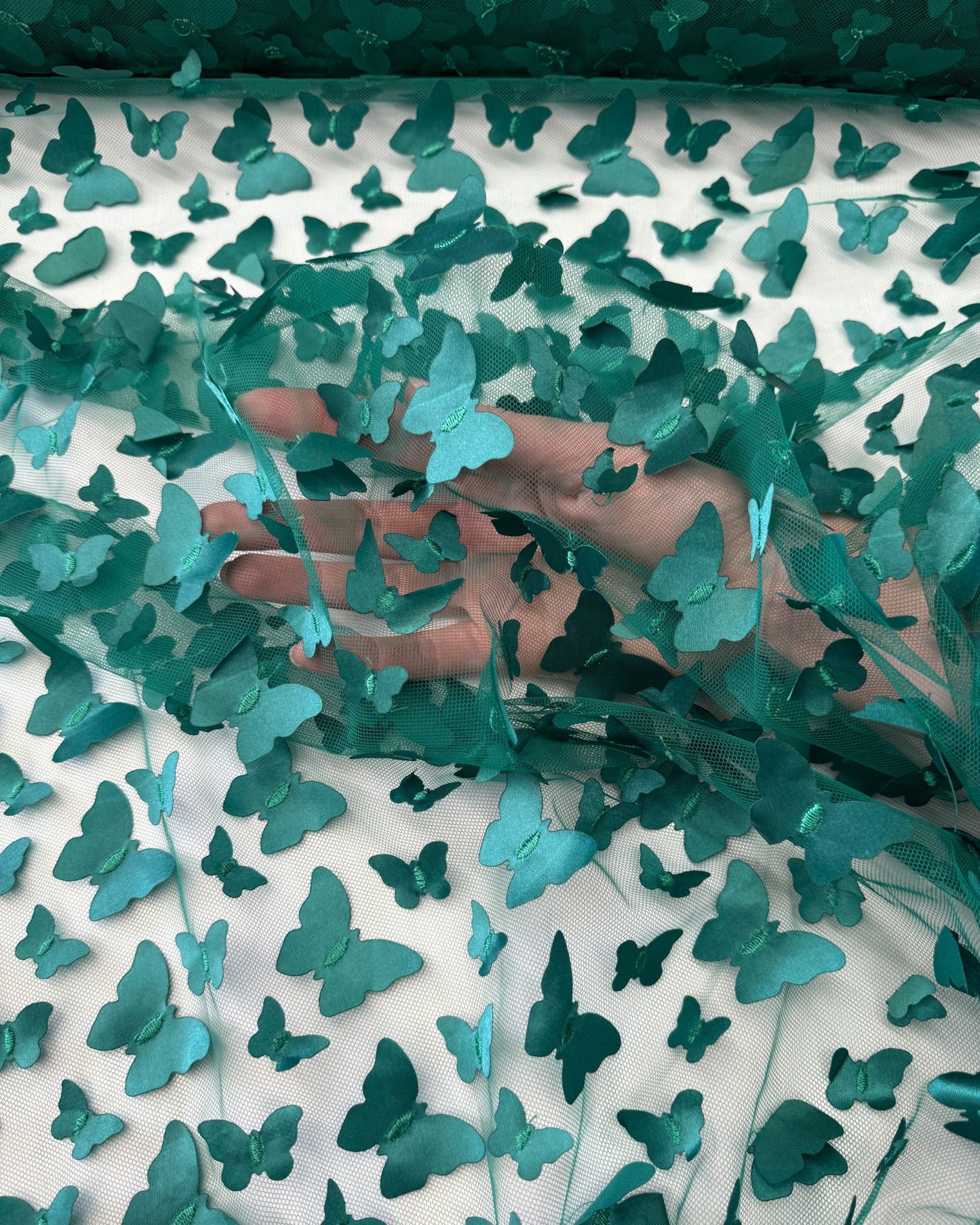 Emerald Green 3D Butterfly Embroidery Tulle