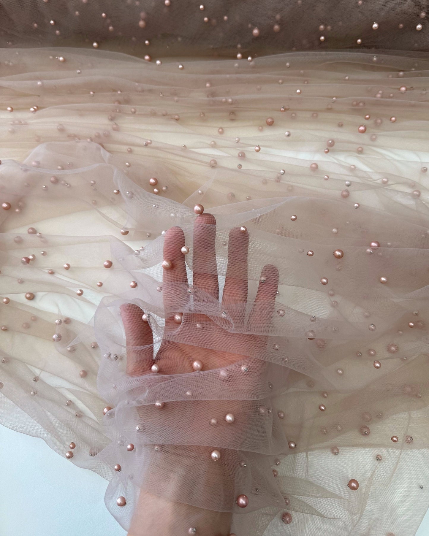 Nude Pearl Tulle Fabric, Scattered Pearls Studded Mesh, Pink Tulle Lace Fabric with Pearls, 2-Way Stretch Pearl Beaded Tulle