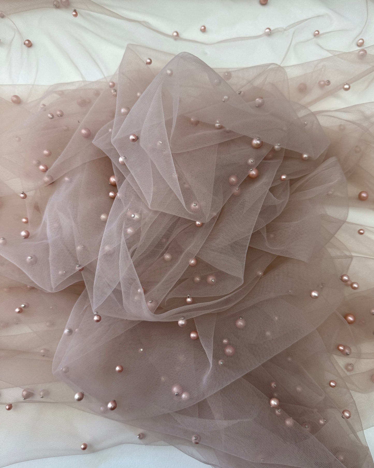 Nude Pearl Tulle Fabric, Scattered Pearls Studded Mesh, Pink Tulle Lace Fabric with Pearls, 2-Way Stretch Pearl Beaded Tulle