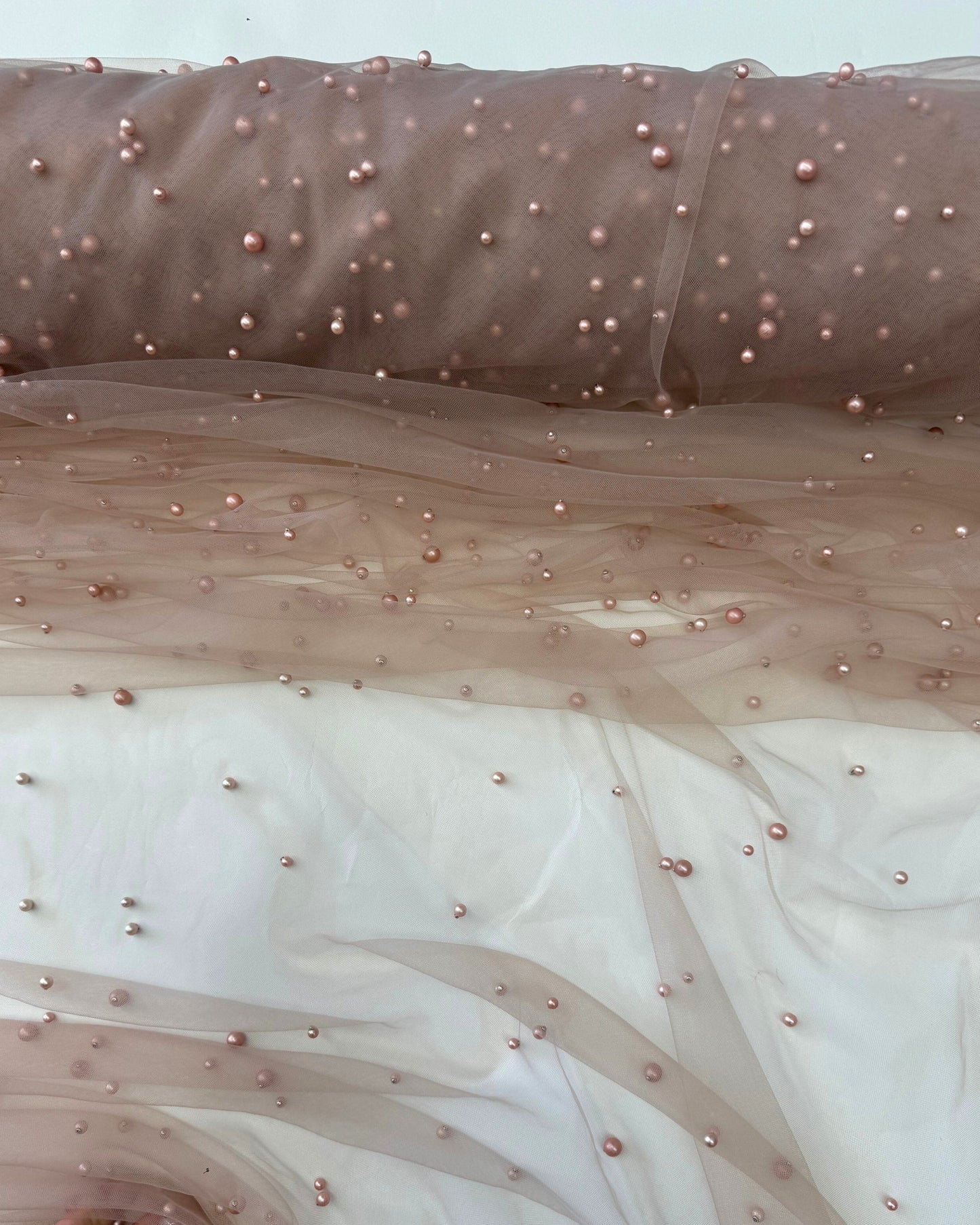 Nude Pearl Tulle Fabric, Scattered Pearls Studded Mesh, Pink Tulle Lace Fabric with Pearls, 2-Way Stretch Pearl Beaded Tulle