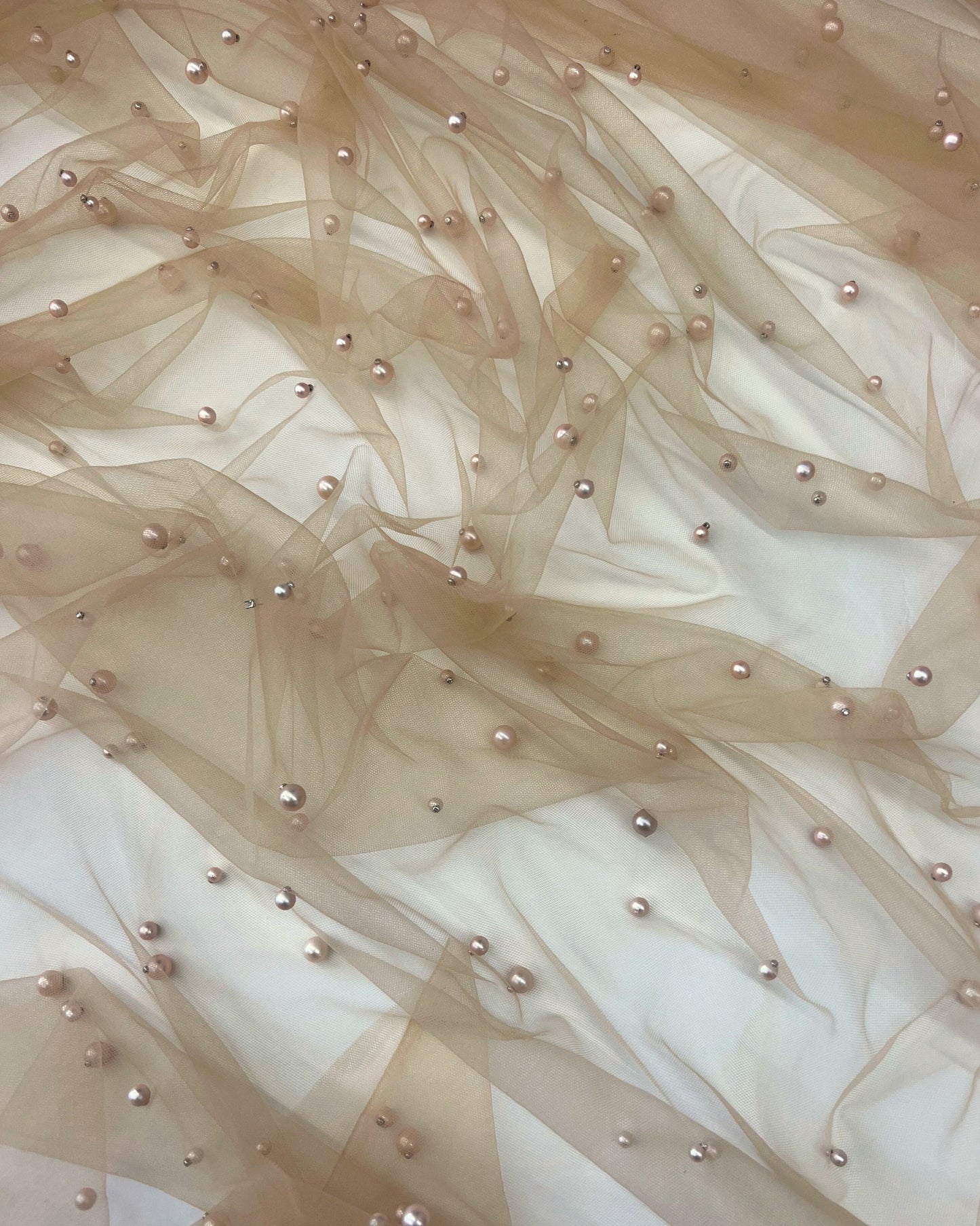 Champagne Pearl Tulle Fabric, Scattered Pearls Studded Mesh, Pink Tulle Lace Fabric with Pearls, 2-Way Stretch Pearl Beaded Tulle