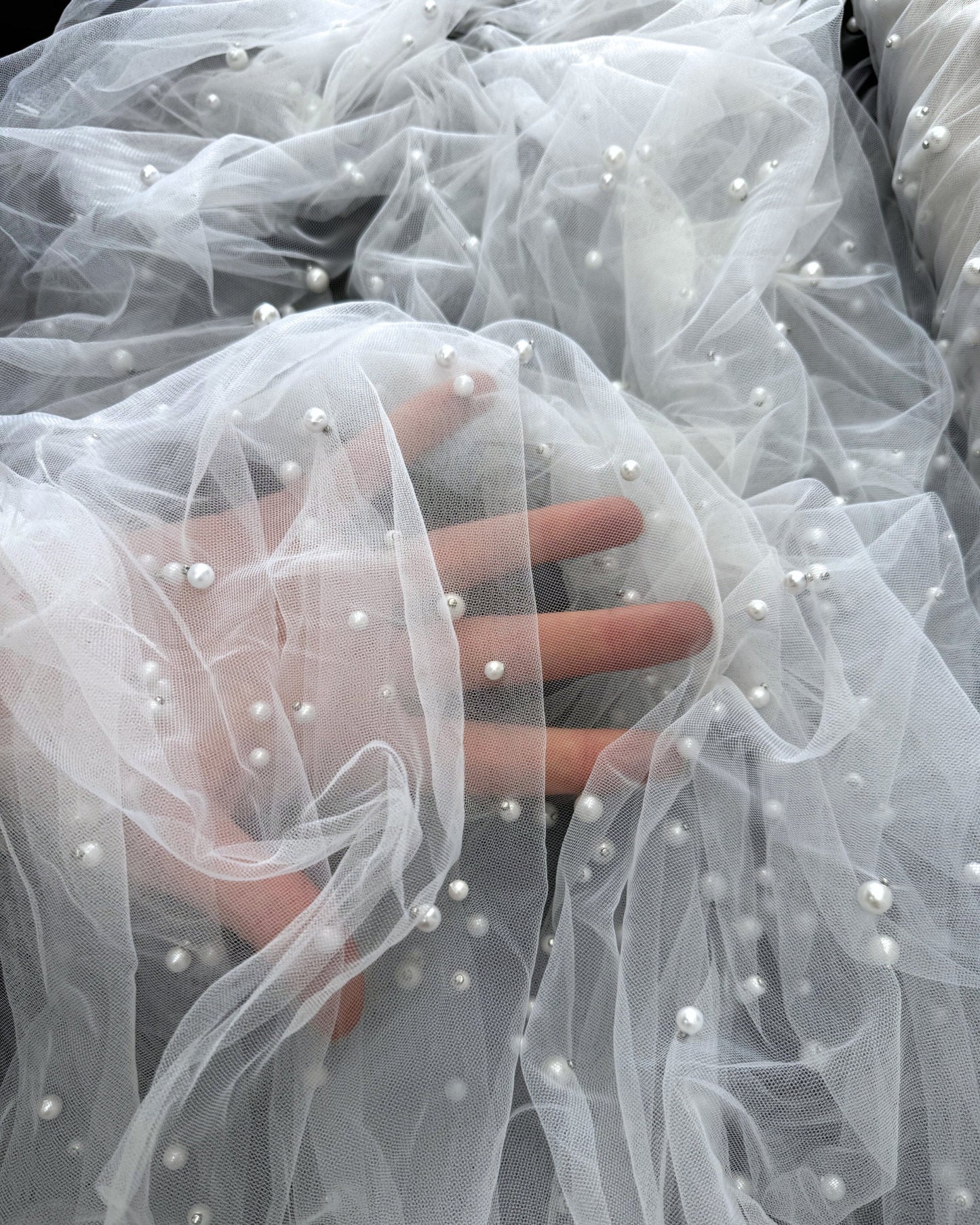 White Pearl Tulle Fabric, Scattered Pearls Studded Mesh, White Tulle Fabric with Pearls, 2-Way Stretch Pearl Beaded Tulle for Veils