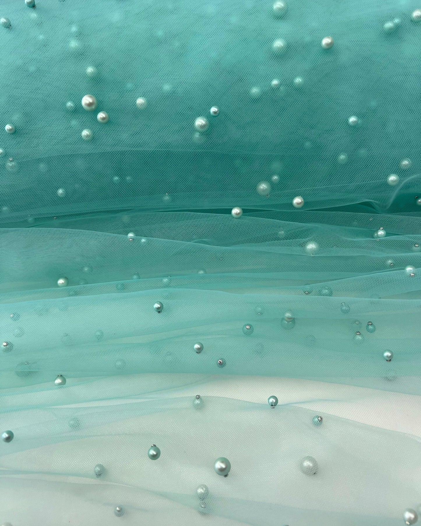 Mint Pearl Tulle Fabric, Scattered Pearls Studded Mesh, Pink Tulle Lace Fabric with Pearls, 2-Way Stretch Pearl Beaded Tulle