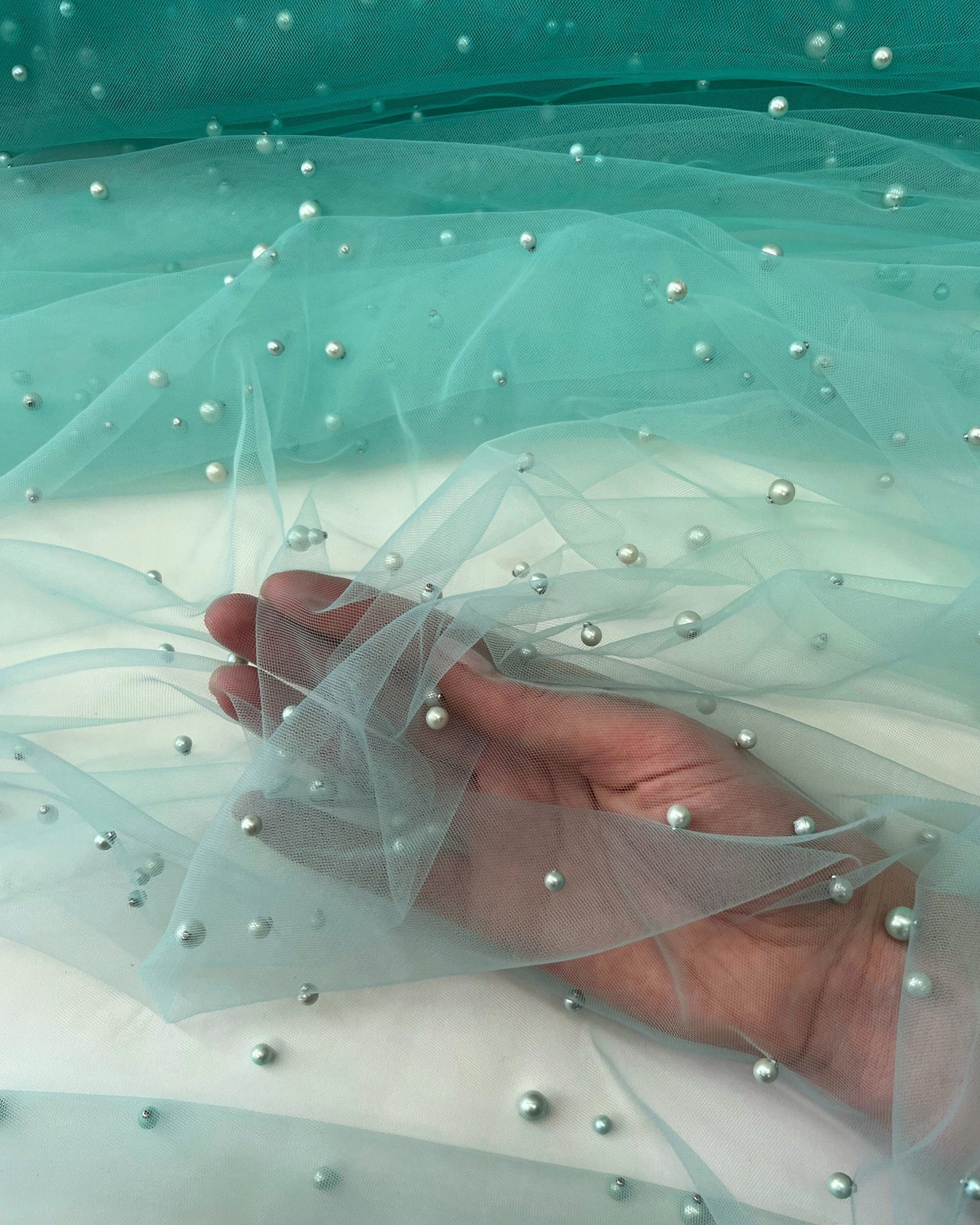 Mint Pearl Tulle Fabric, Scattered Pearls Studded Mesh, Pink Tulle Lace Fabric with Pearls, 2-Way Stretch Pearl Beaded Tulle