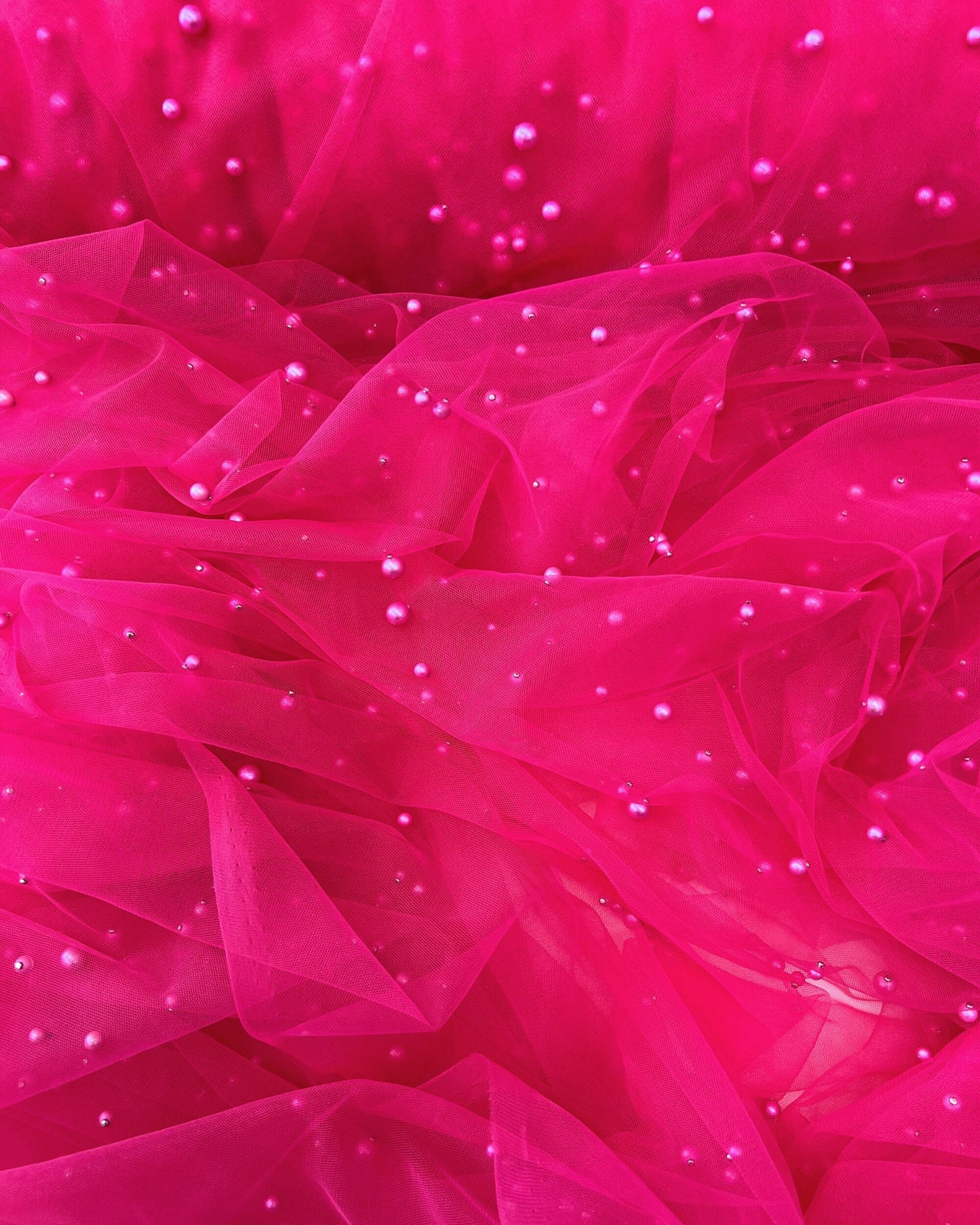 Hot Pink Pearl Tulle Fabric, Scattered Pearls Studded Mesh, Pink Tulle Lace Fabric with Pearls, 2-Way Stretch Pearl Beaded Tulle