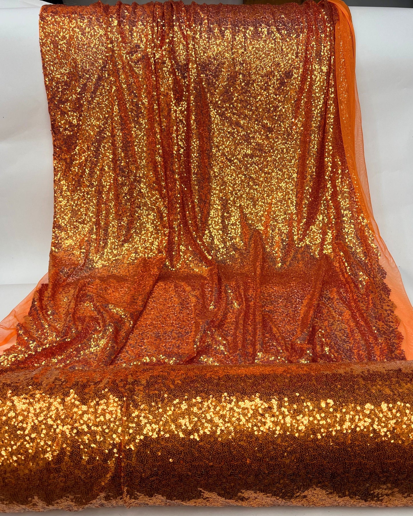 Orange Glitz Sequins Mesh Fabric