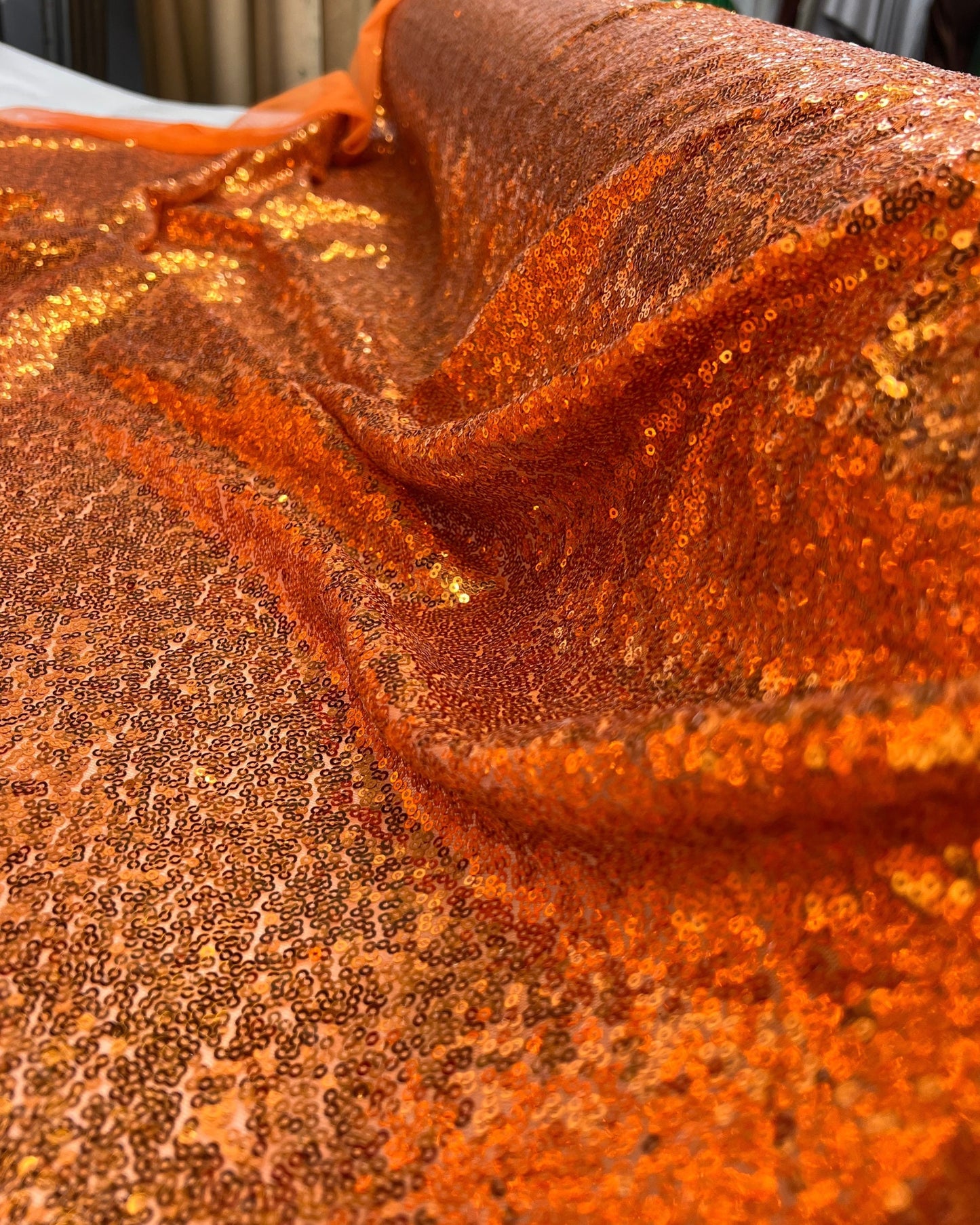 Orange Glitz Sequins Mesh Fabric