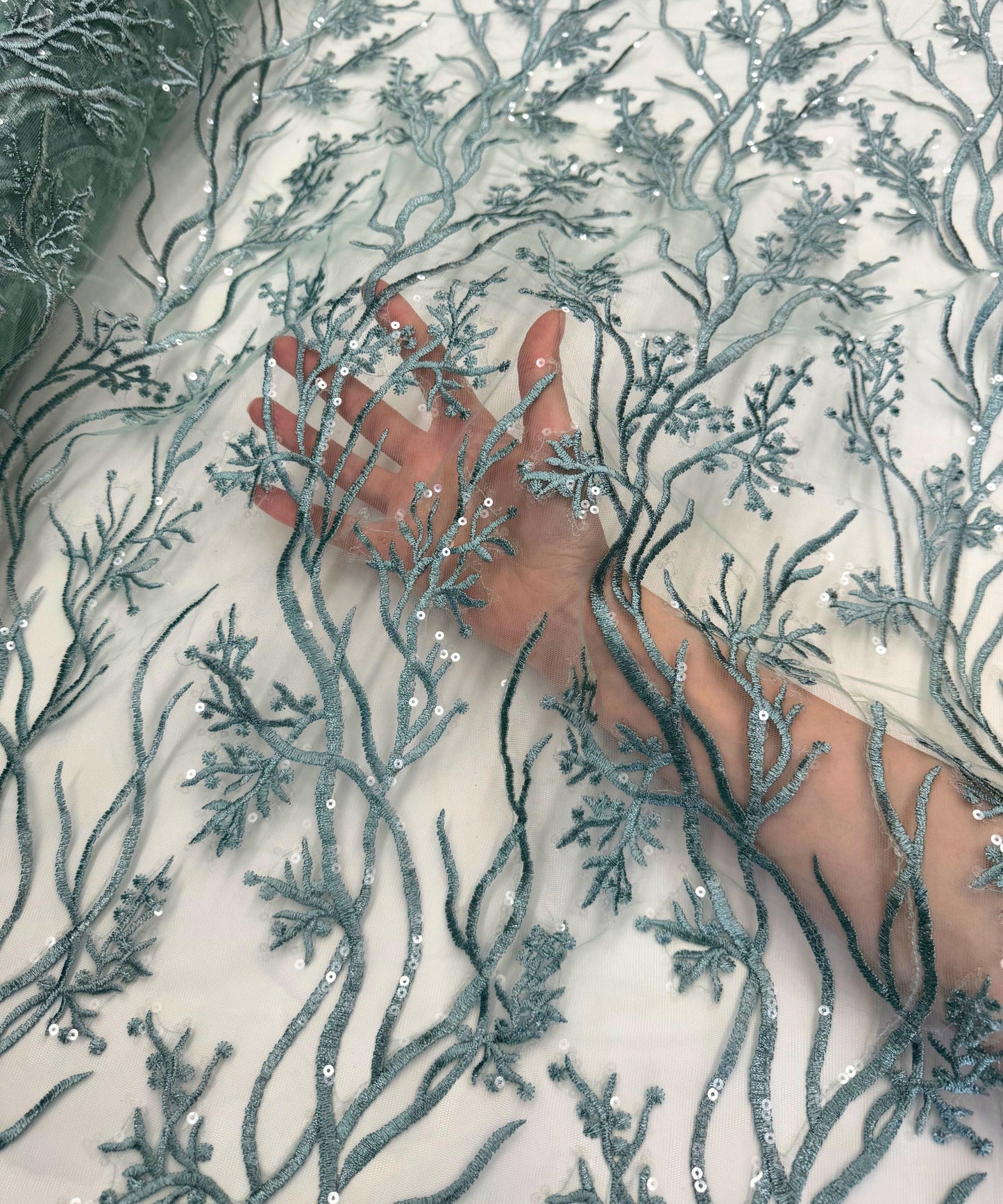 Sage Green Lace Fabric, Sage Embroidered Lace Fabric Floral Embroidery with Sequins on Mesh Lace Fabric by the Yard, Sage Embroidered Fabric