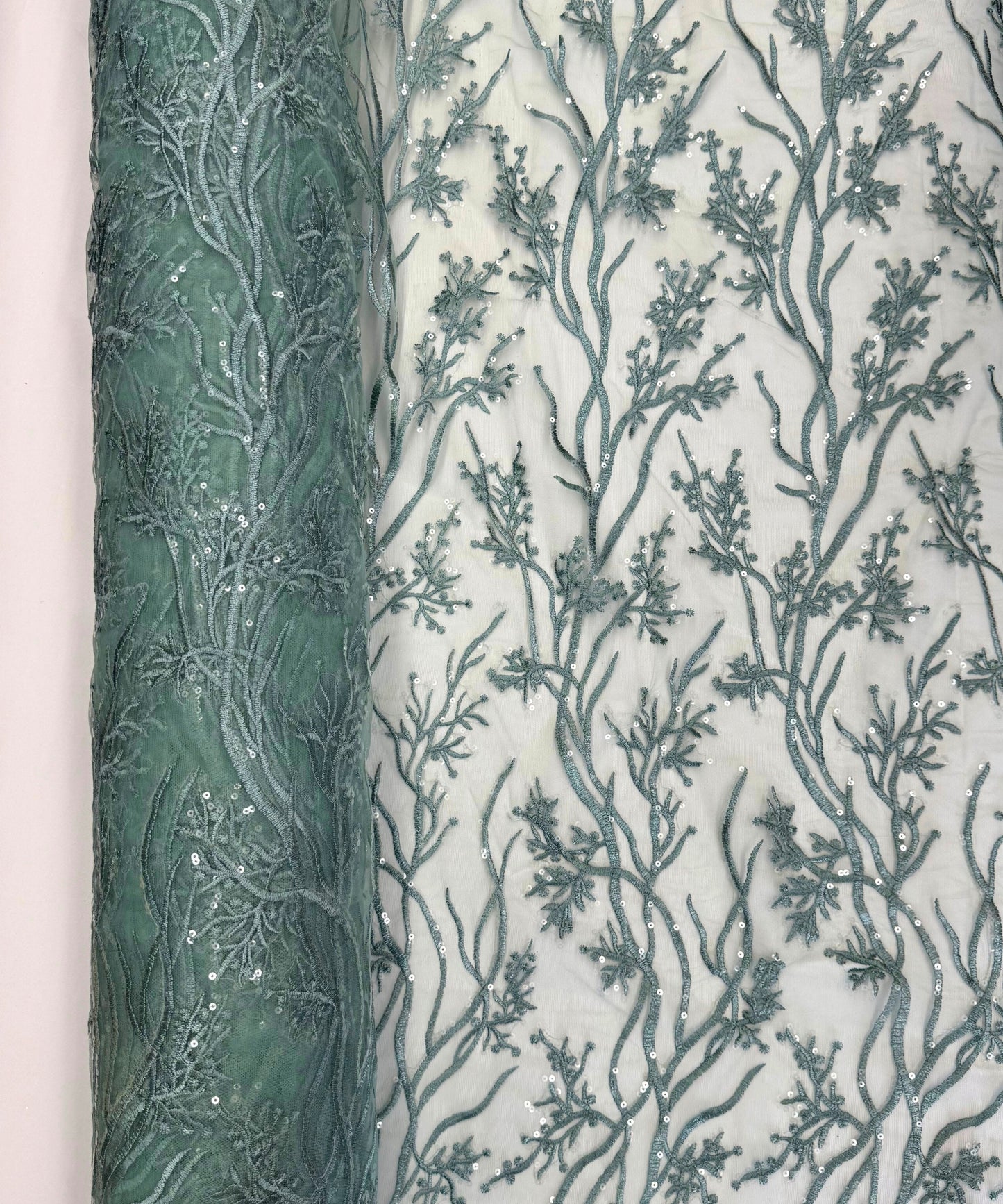 Sage Green Lace Fabric, Sage Embroidered Lace Fabric Floral Embroidery with Sequins on Mesh Lace Fabric by the Yard, Sage Embroidered Fabric