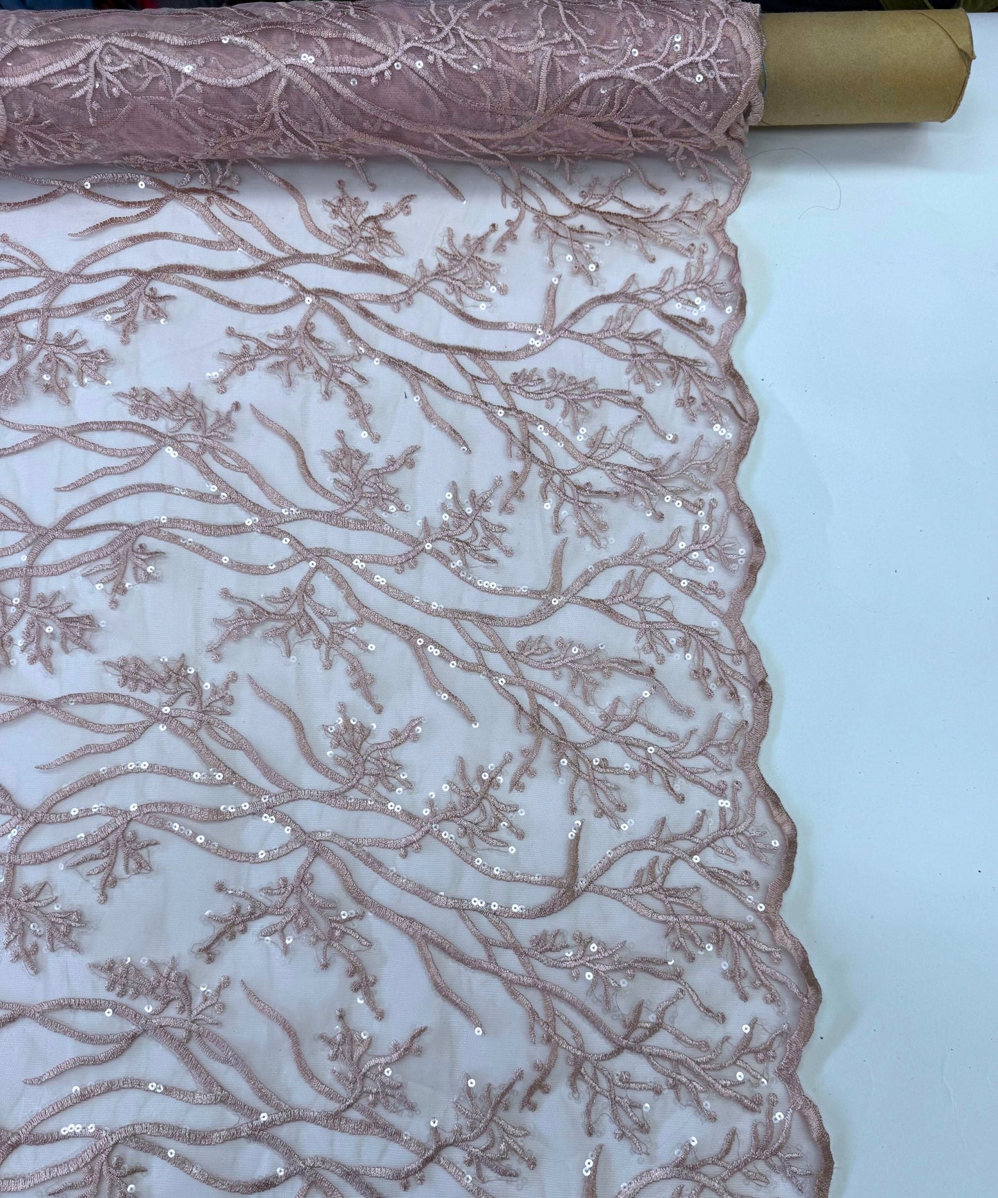 Blush Pink Sequin Lace Fabric