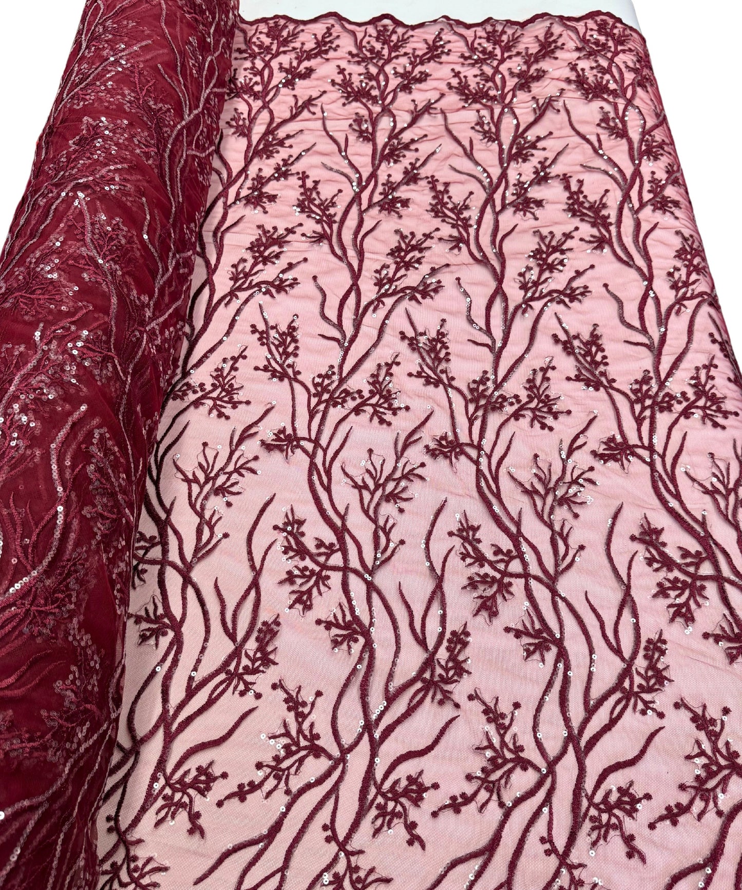 Burgundy Lace Fabric, Burgundy Embroidered Lace Fabric with Sequins, Floral Embroidery on Mesh Lace Fabric by the Yard, Burgundy Floral Lace