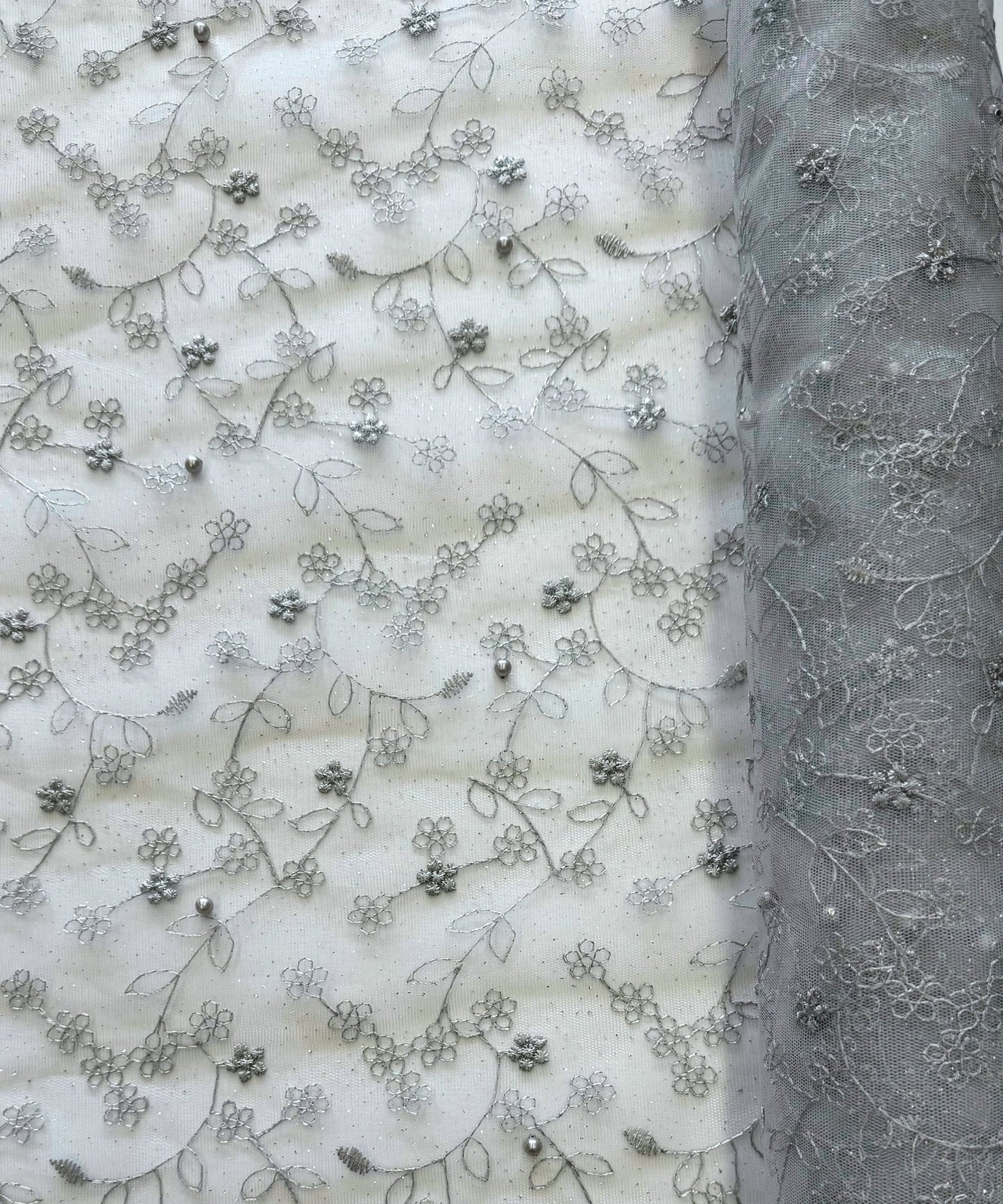 Silver Embroidered Lace with Pearls