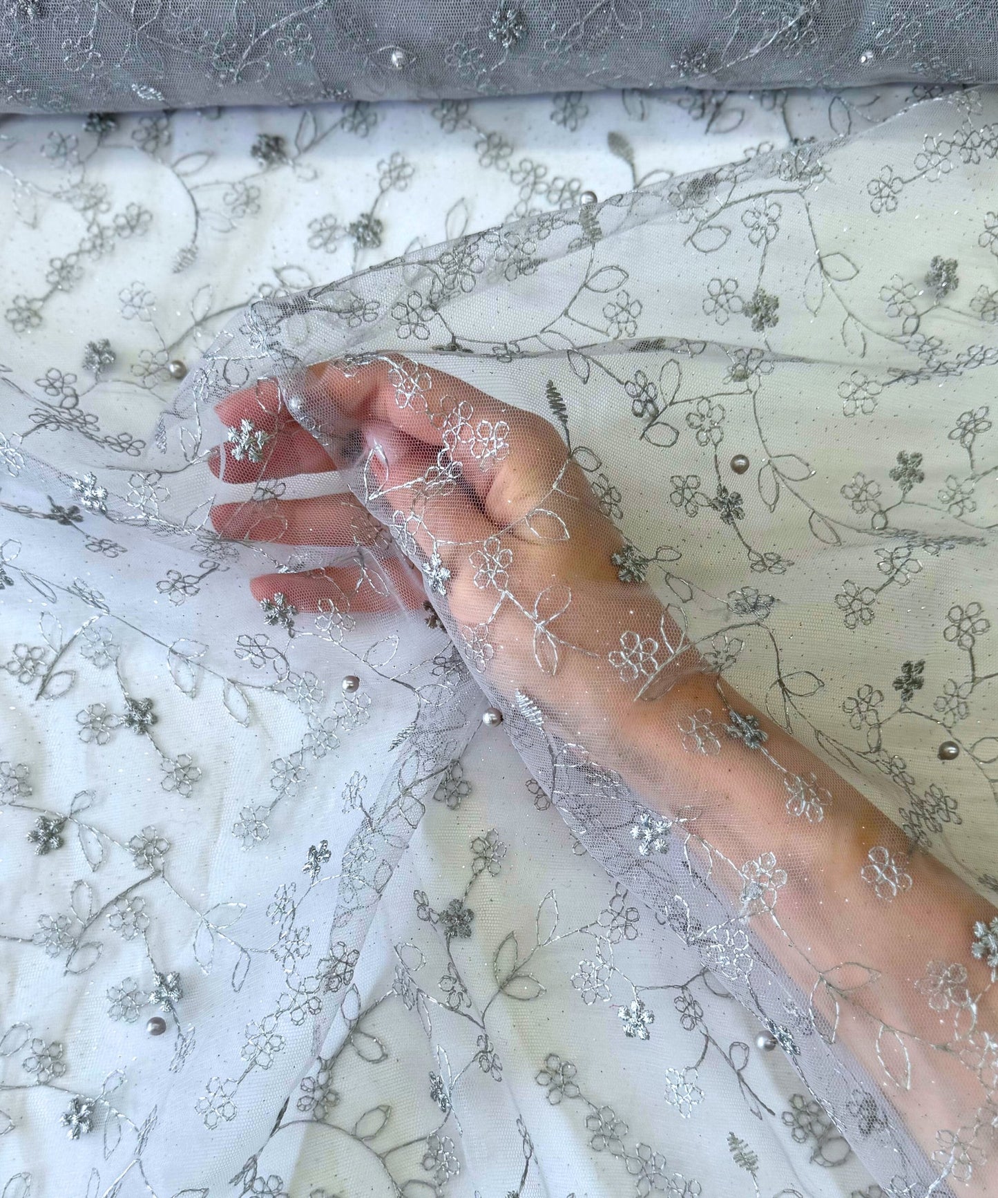 Silver Embroidered Lace with Pearls