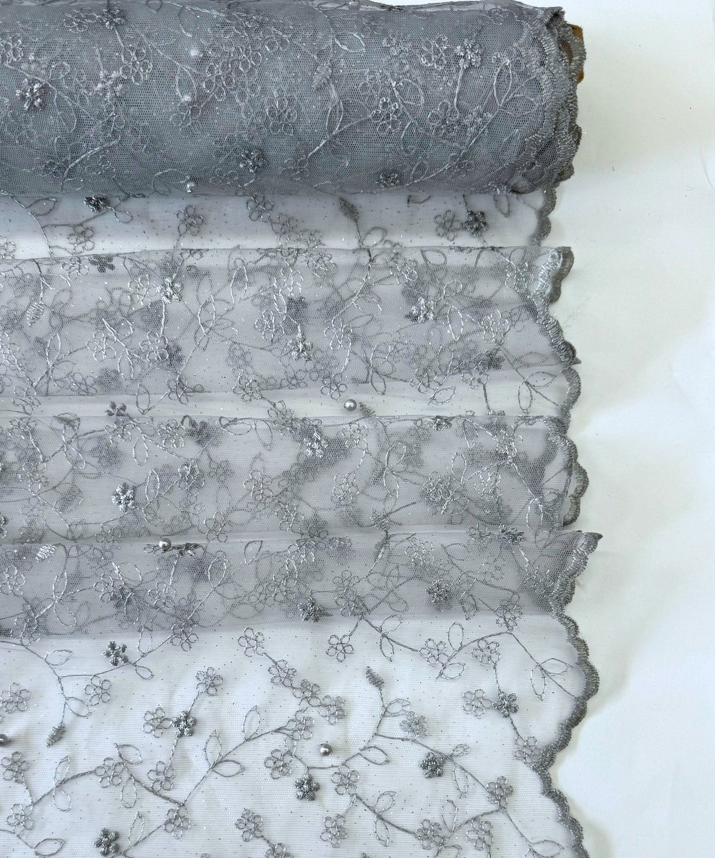 Silver Embroidered Lace with Pearls