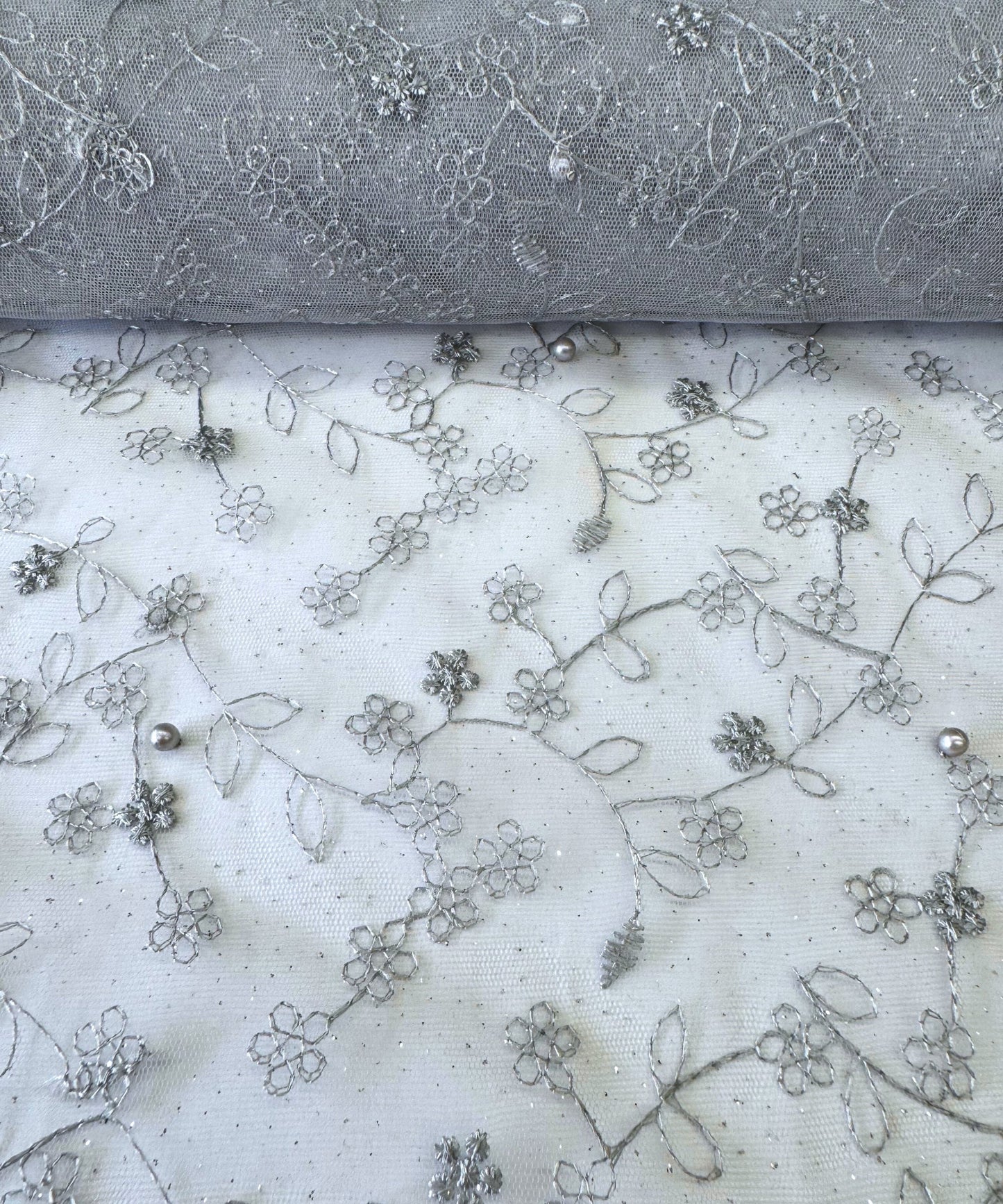 Silver Embroidered Lace with Pearls