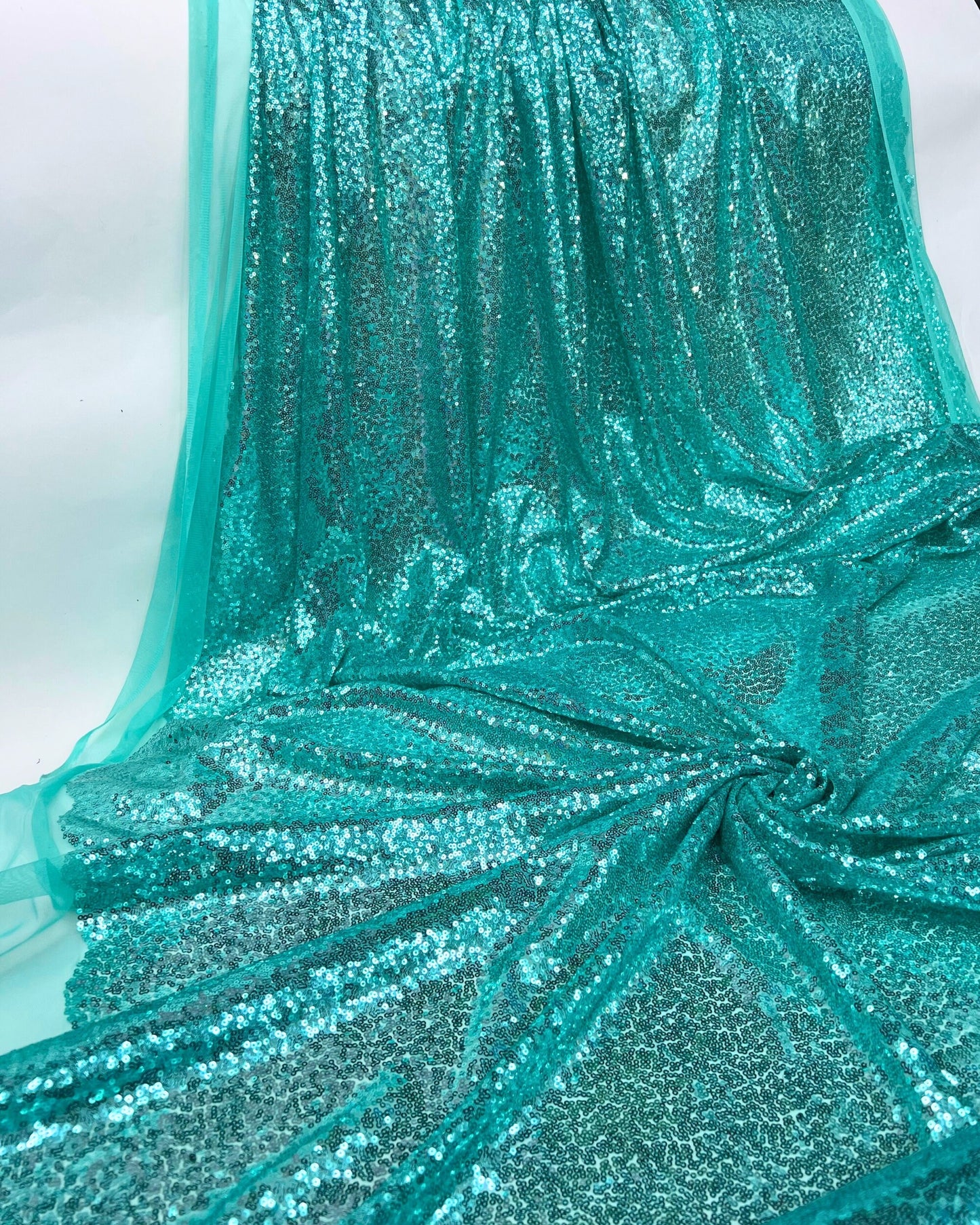 Mint Glitz Sequins Mesh Fabric
