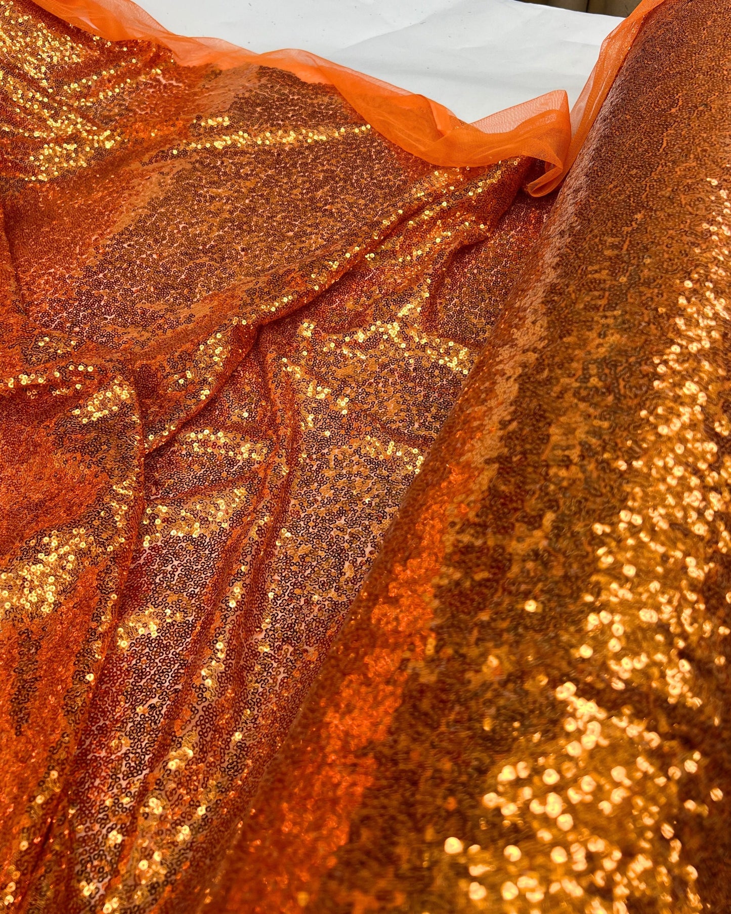 Orange Glitz Sequins Mesh Fabric