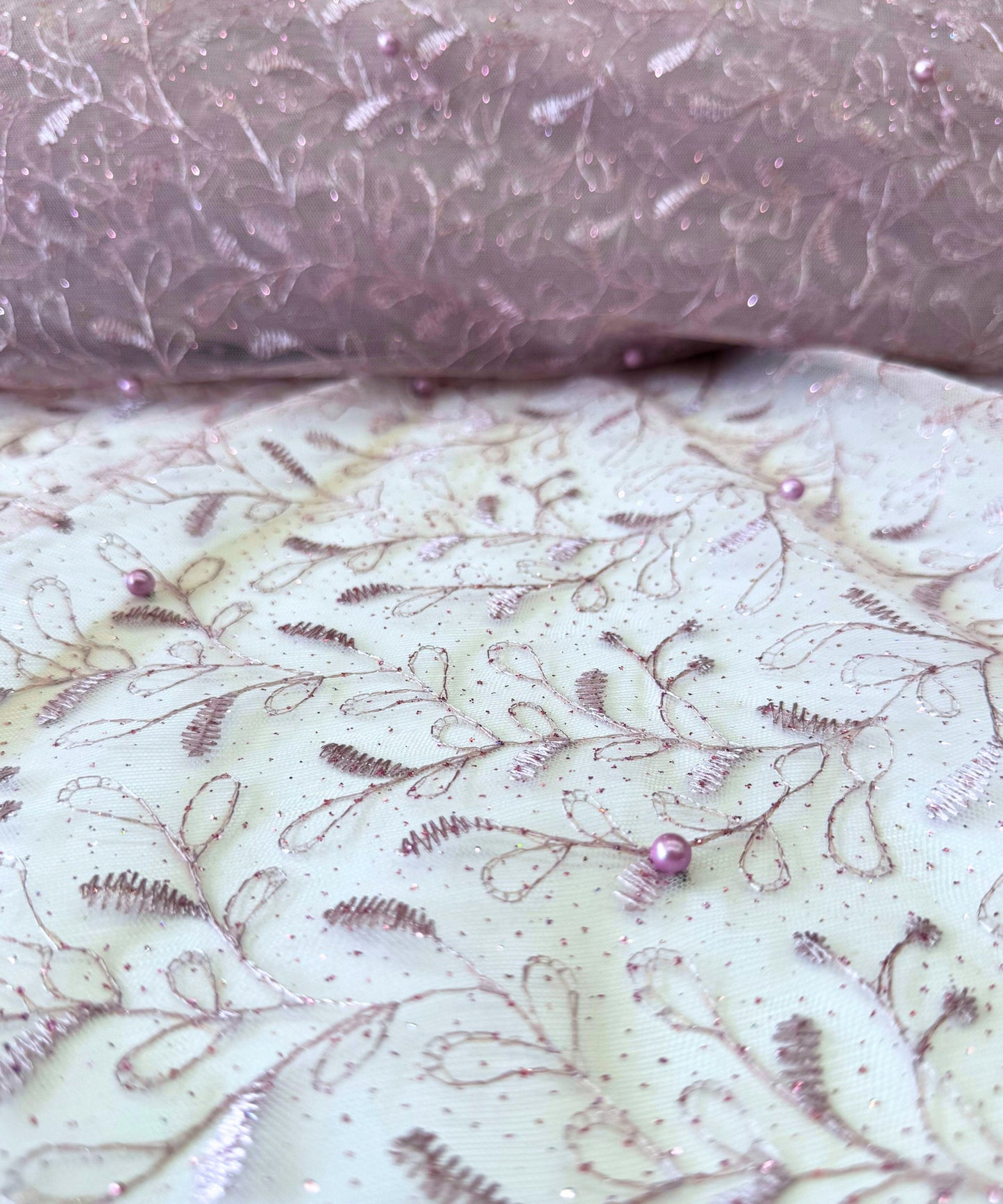 Lilac Embroidered Lace with Pearls