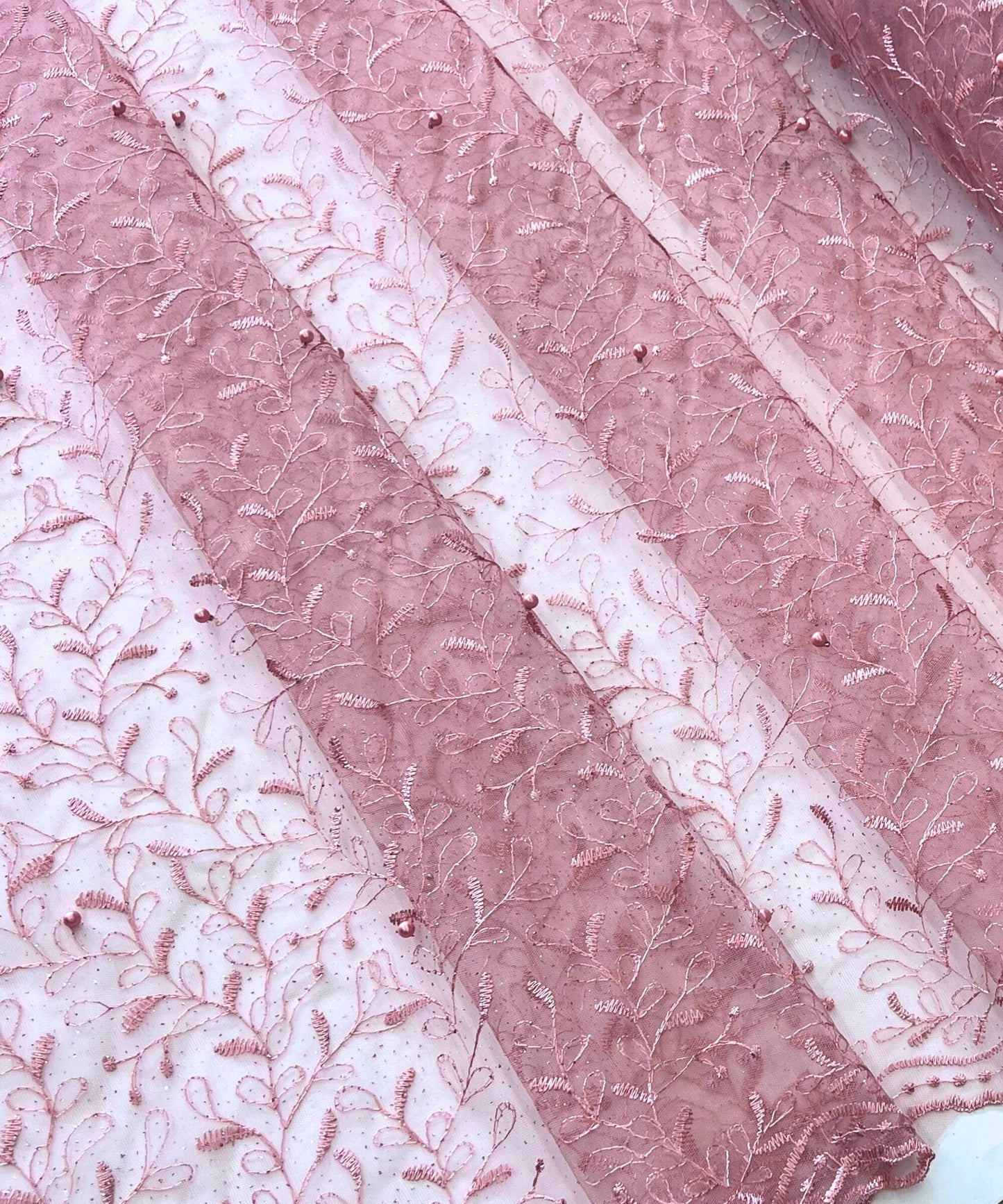 Pink Embroidered Lace with Pearls