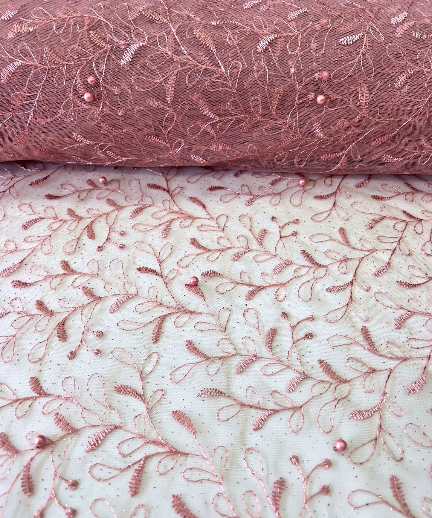 Pink Embroidered Lace with Pearls