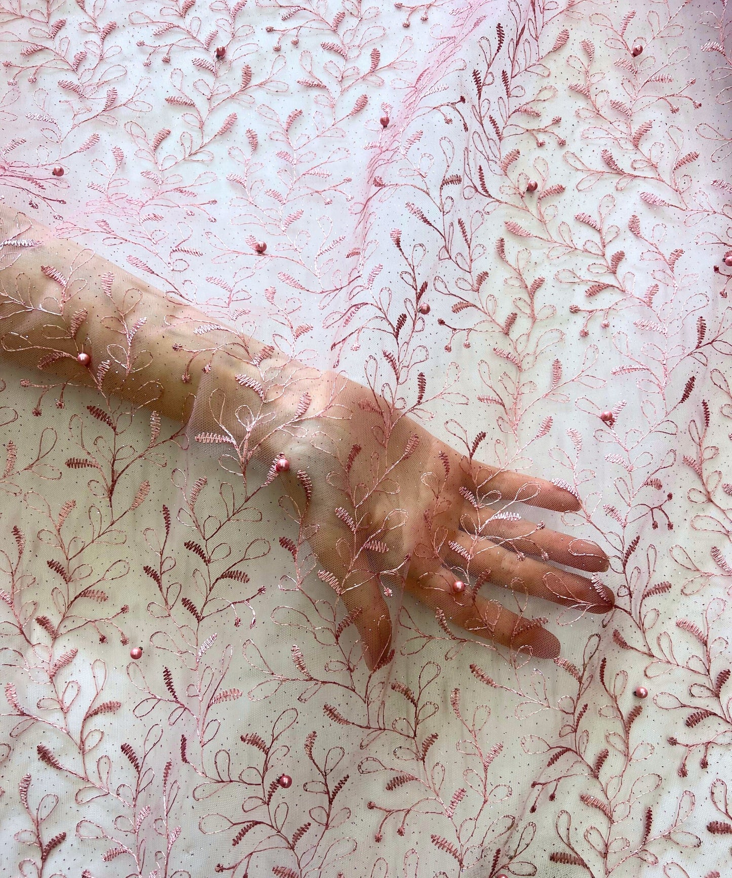 Pink Embroidered Lace with Pearls