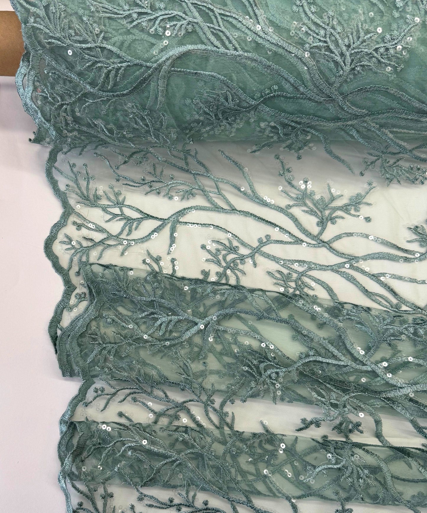 Sage Green Lace Fabric, Sage Embroidered Lace Fabric Floral Embroidery with Sequins on Mesh Lace Fabric by the Yard, Sage Embroidered Fabric