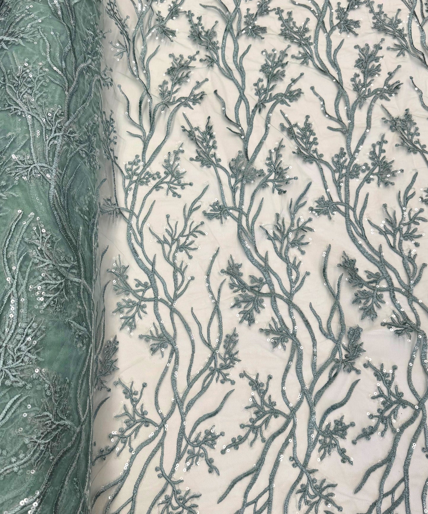 Sage Green Lace Fabric, Sage Embroidered Lace Fabric Floral Embroidery with Sequins on Mesh Lace Fabric by the Yard, Sage Embroidered Fabric