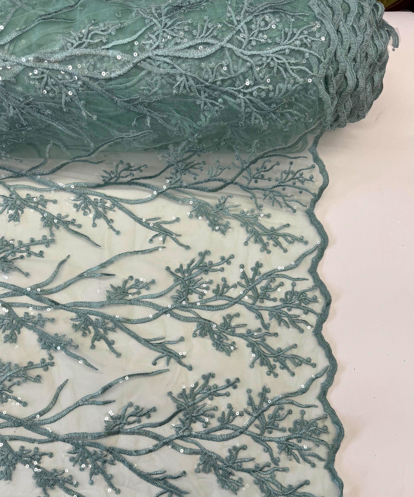 Sage Green Lace Fabric, Sage Embroidered Lace Fabric Floral Embroidery with Sequins on Mesh Lace Fabric by the Yard, Sage Embroidered Fabric